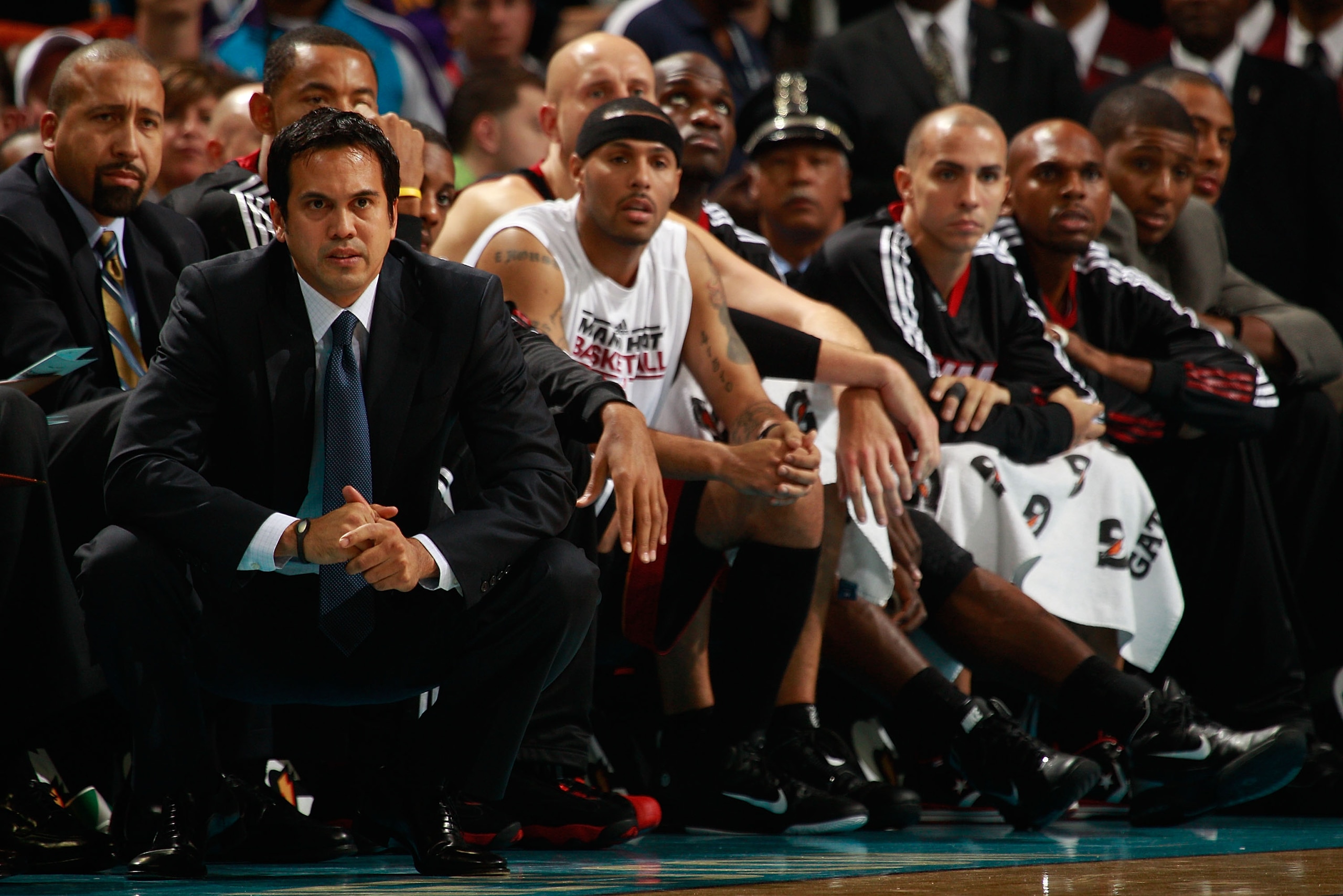 NEW ORLEANS - NOVEMBER 05: Head coach Erik Spoelstra of the Miami Heat at the New Orleans Arena on November 5, 2010 in New Orleans, Louisiana. NOTE TO USER: User expressly acknowledges and agrees that, by downloading and/or using this Photograph, User i NEW ORLEANS - NOVEMBER 05: Head coach Erik Spoelstra of the Miami Heat at the New Orleans Arena on November 5, 2010 in New Orleans, Louisiana. NOTE TO USER: User expressly acknowledges and agrees that, by downloading and/or using this Photograph, User i