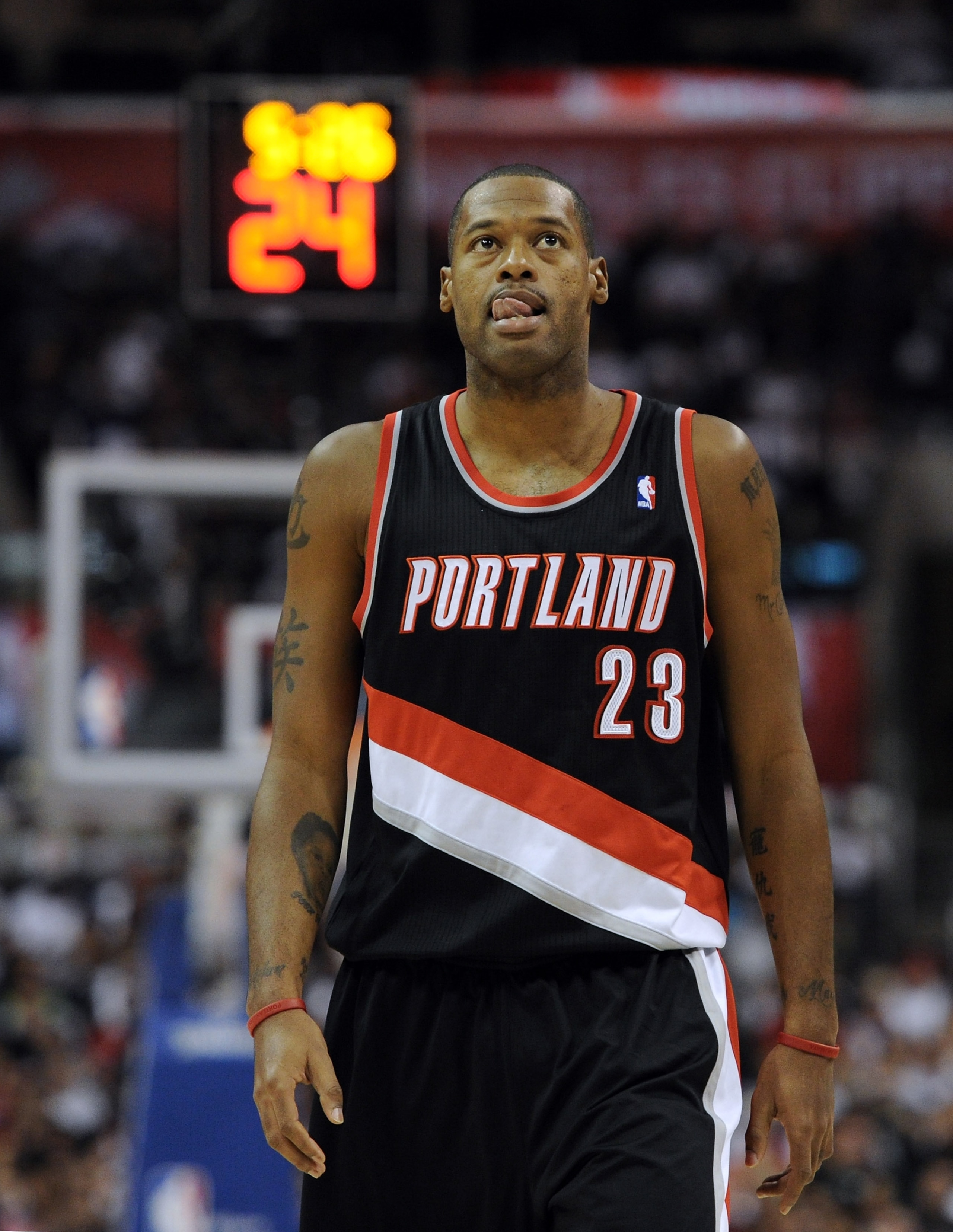 LOS ANGELES, CA - OCTOBER 27:  Marcus Camby #23 of the Portland Trail Blazers reacts after a lost possesion to the Los Angeles Clippers at Staples Center on October 27, 2010 in Los Angeles, California. NOTE TO USER: User expressly acknowledges and agrees