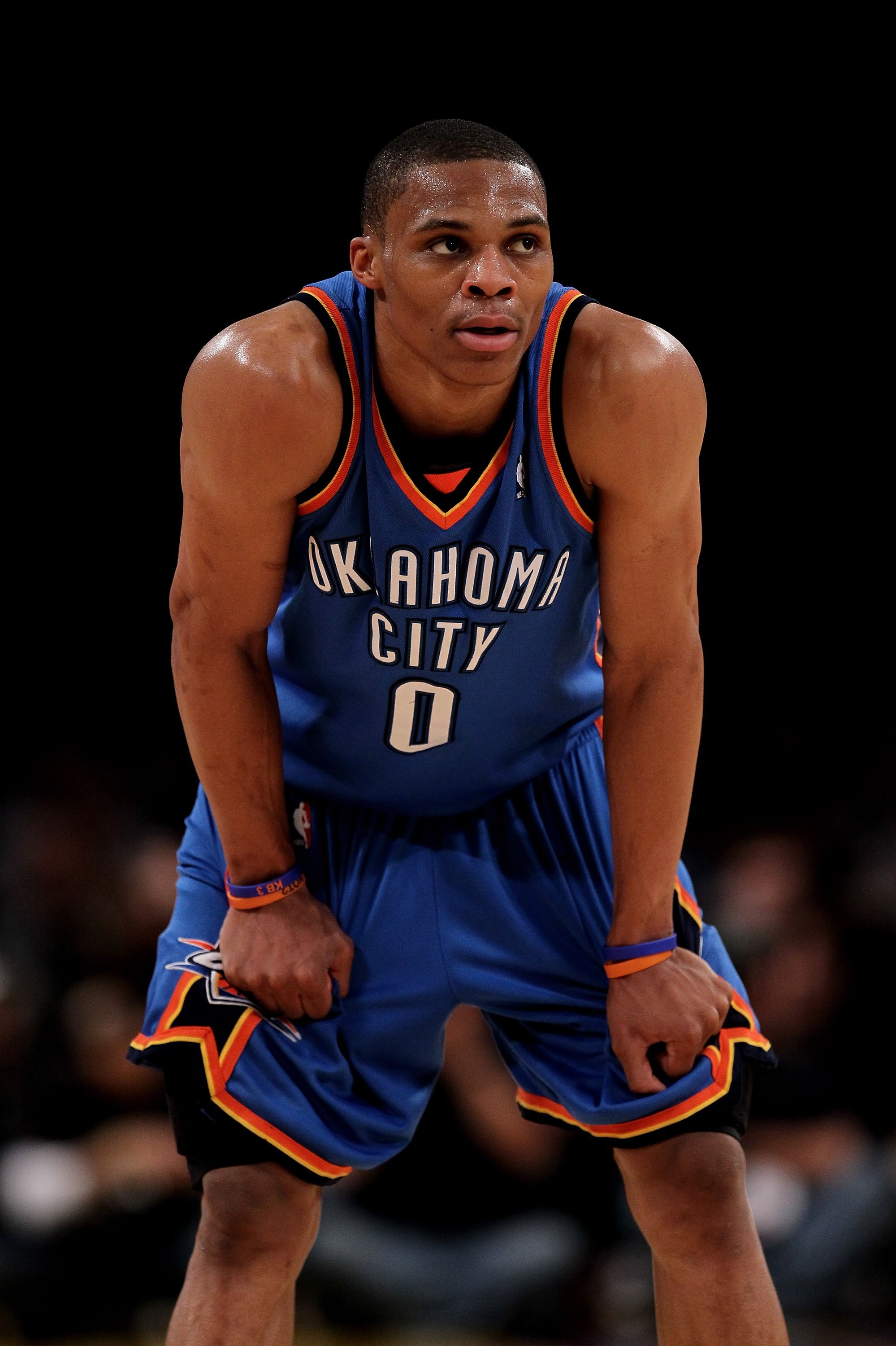 LOS ANGELES - APRIL 20: Russell Westbrook #0 of the Oklahoma City Thunder stands in the game against the Los Angeles Lakers during  Game Two of the Western Conference Quarterfinals of the 2010 NBA Playoffs on April 20, 2010 at Staples Center in Los Angele