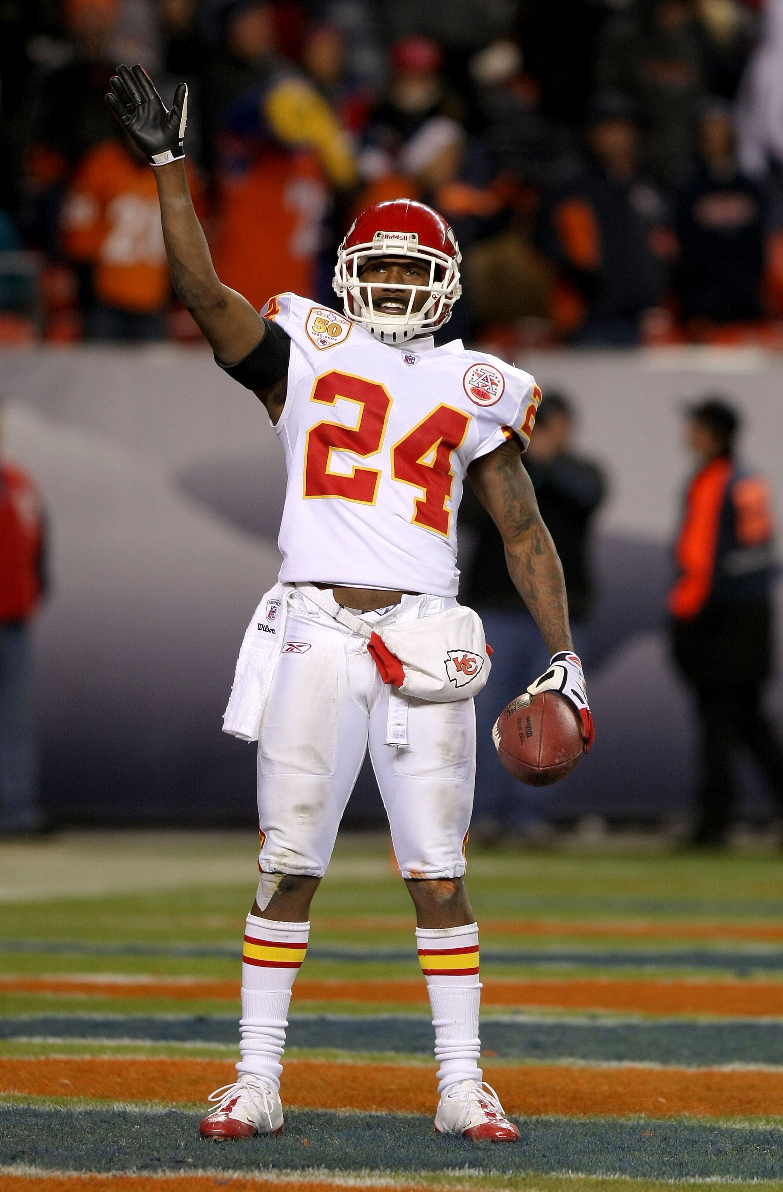 DENVER - JANUARY 03: Brandon Flowers #24 of the Kansas City Chiefs waves to the fans after intercepting a pass which was intended for Jabar Gaffney #10 of the Broncos during the fourth quarter at Invesco Field at Mile High on January 3, 2010 in Denver, Co