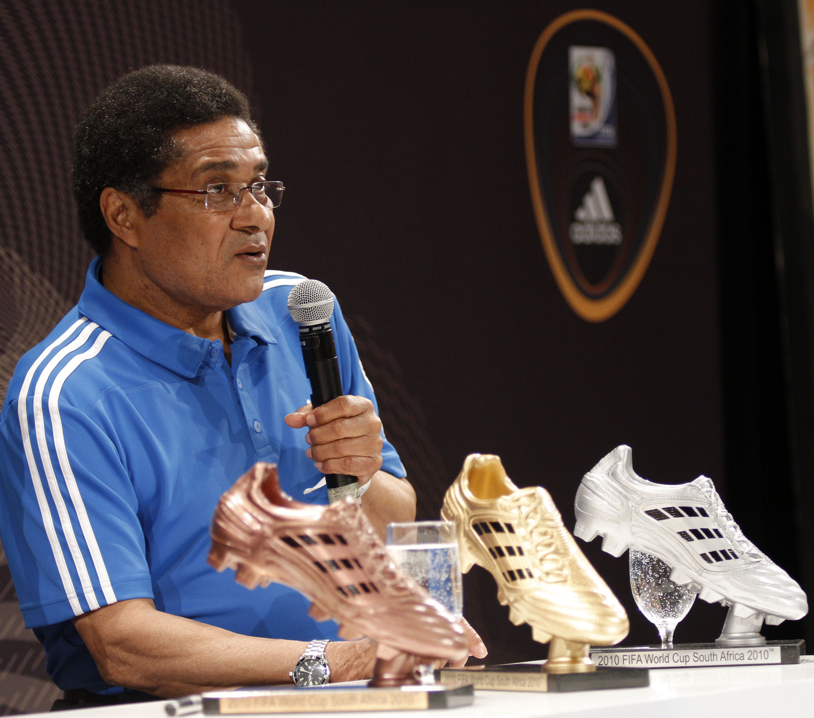 JOHANNESBURG, SOUTH AFRICA - JULY  01:  Eusebio Ferreira da Silva during a media event discussing the Golden Boot comptetition in the FIFA 2010 World Cup held at the adidas Jo'bulani Central in Sandton Convention Centre on July 1, 2010 in Johannesburg, So