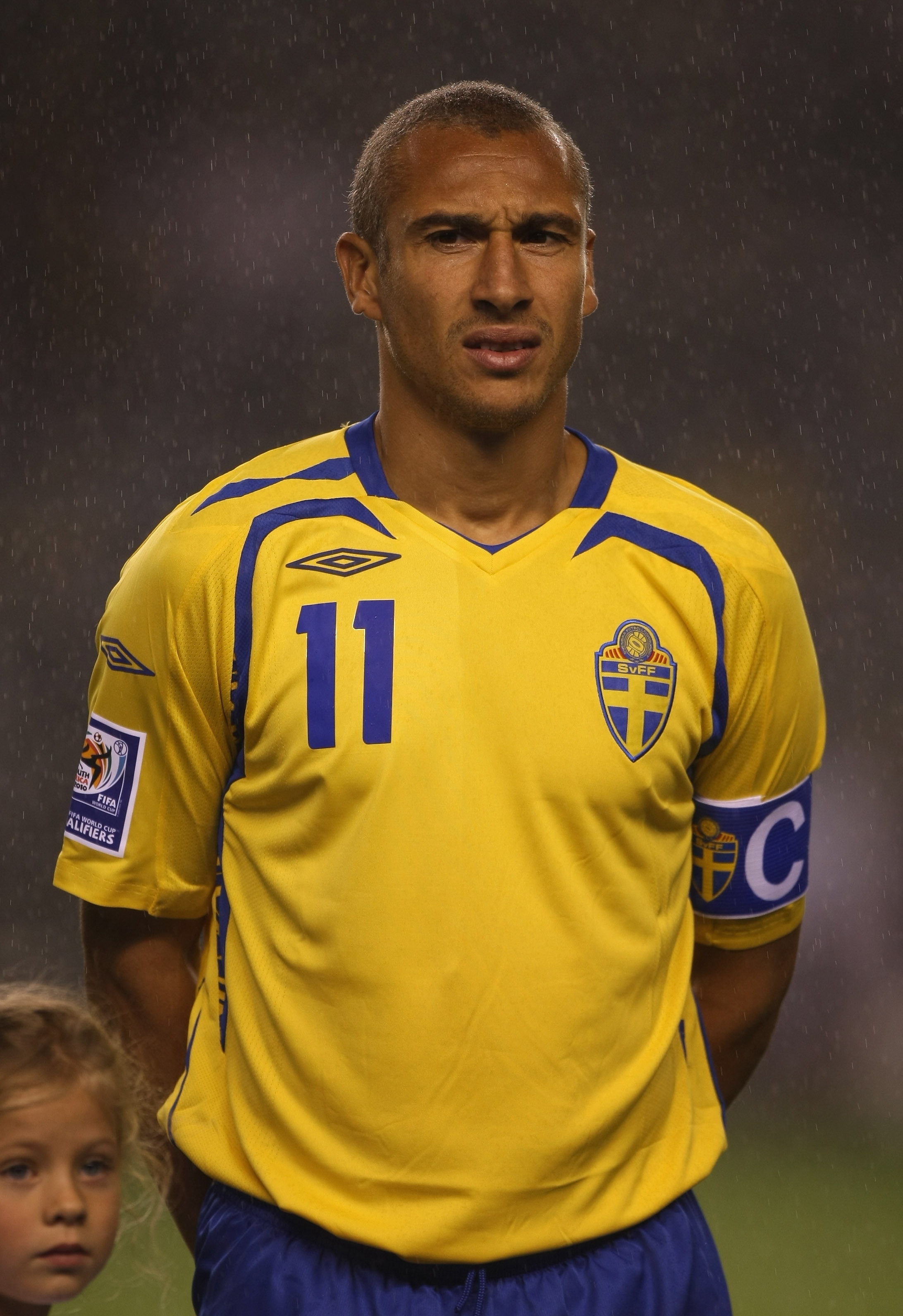 STOCKHOLM, SWEDEN - SEPTEMBER 10: Henrik Larsson of Sweden waits for the national anthem before the FIFA2010 World Cup qualifier Group 1 match between Sweden and Hungary at the Rasunda Stadium on September 10, 2008 in Stockholm, Sweden.  (Photo by Gary M.