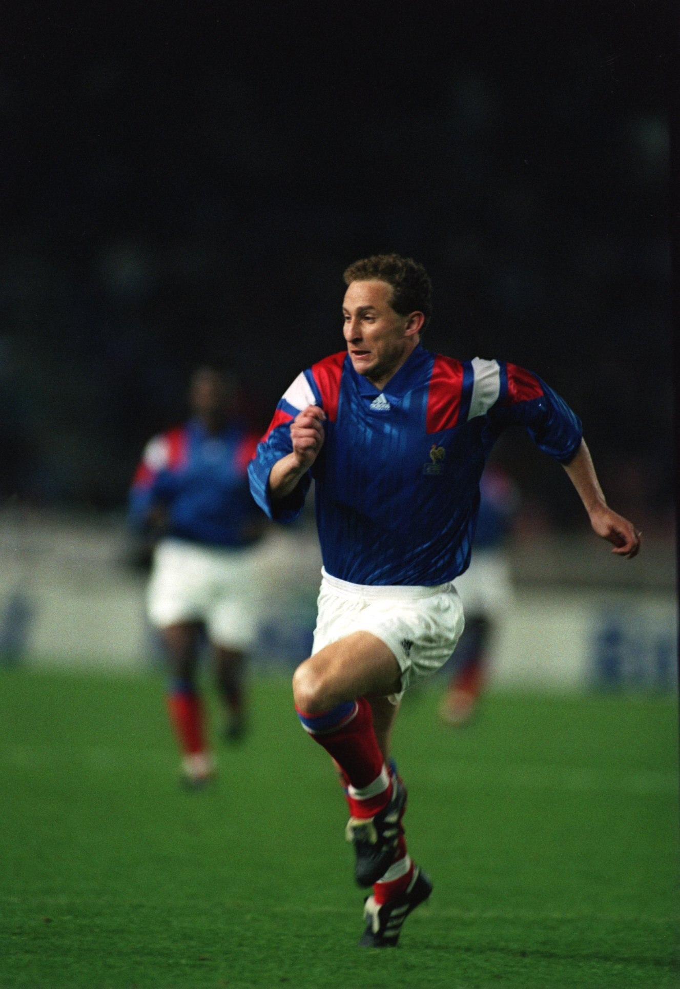25 MAR 1992:  JEAN PIERRE PAPIN OF THE FRENCH SOCCER TEAM IN ACTION DURING THEIR MATCH AGAINST BELGIUM. Mandatory Credit: Chris Cole/ALLSPORT