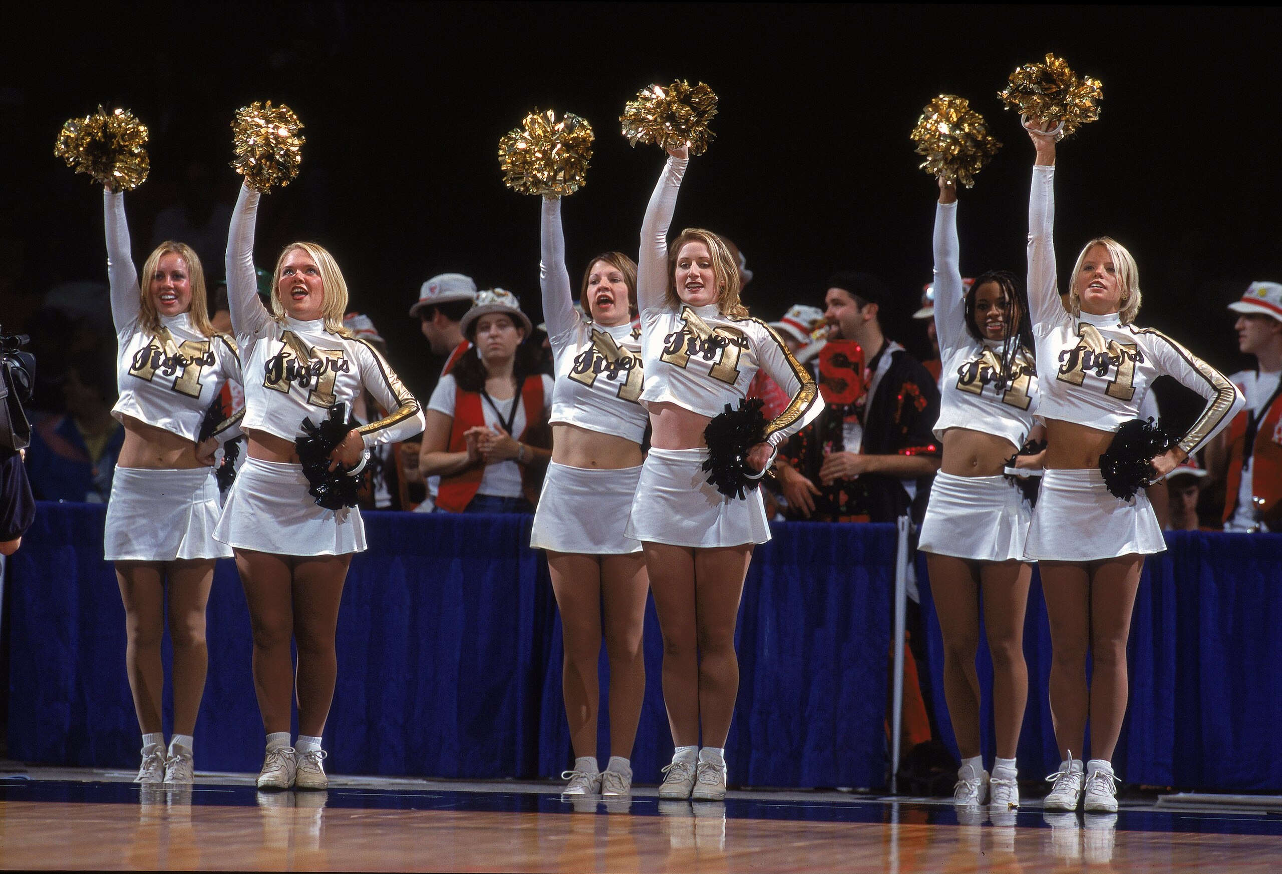 17 Mar 2000:  The Cheerleaders of the Missouri Tigers cheer from the sidelines during the first round of the NCAA Tournament Game against the North Carolina Tar Heels at the Jefferson Civic Center in Brimingham, Alabama. The Tar Heels defeated the Tigers