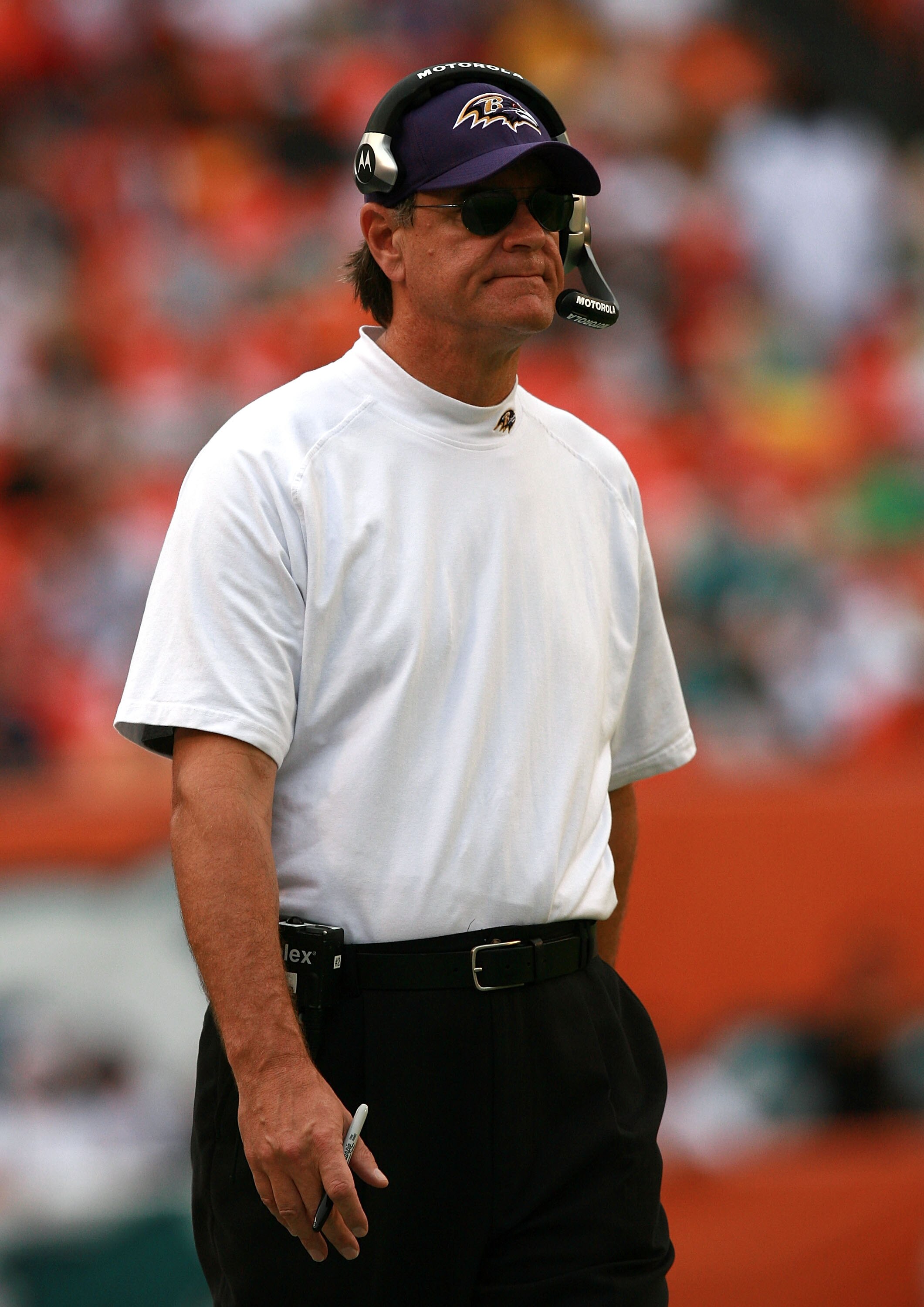 MIAMI - DECEMBER 16:  Head coach Brian Billick of the Baltimore Ravens watches his team take on the Miami Dolphins at Dolphin Stadium on December 16, 2007 in Miami, Florida. The Dolphins defeated the Ravens 22-16 for their first victory of the year.  (Pho