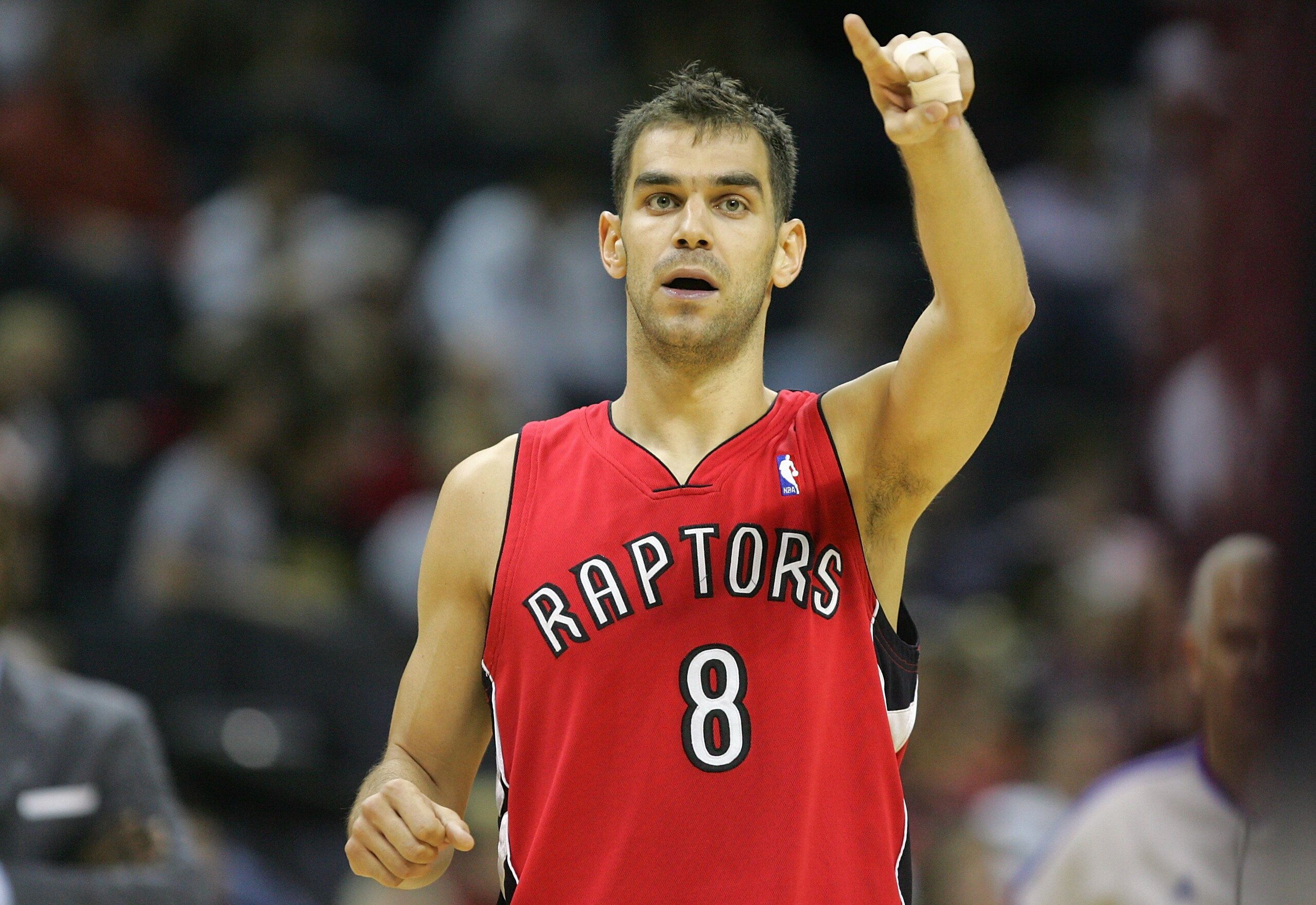 CHARLOTTE, NC - MARCH 2: Jose Calderon #8 of the Toronto Raptors gestures during the game against the Charlotte Bobcats at Bobcats Arena on March 2, 2008 in Charlotte, North Carolina. The Bobcats won 110-98. NOTE TO USER: User expressly acknowledges and CHARLOTTE, NC - MARCH 2: Jose Calderon #8 of the Toronto Raptors gestures during the game against the Charlotte Bobcats at Bobcats Arena on March 2, 2008 in Charlotte, North Carolina. The Bobcats won 110-98. NOTE TO USER: User expressly acknowledges and