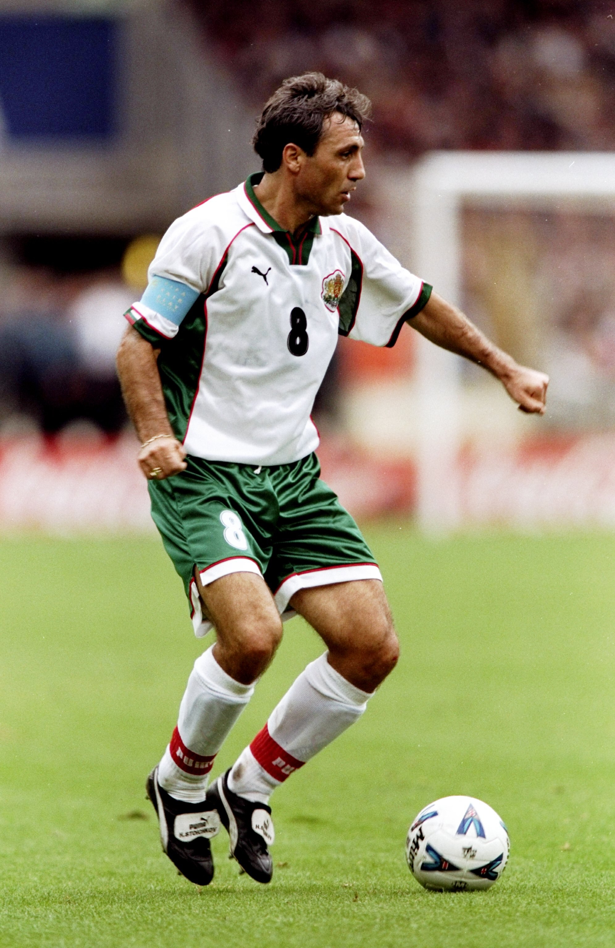 10 Oct 1998:  Hristo Stoichkov of Bulgaria in action during the European 2000 Qualification match against England at Wembley in London, England. The game ended 0-0. \ Mandatory Credit: Ross Kinnaird /Allsport