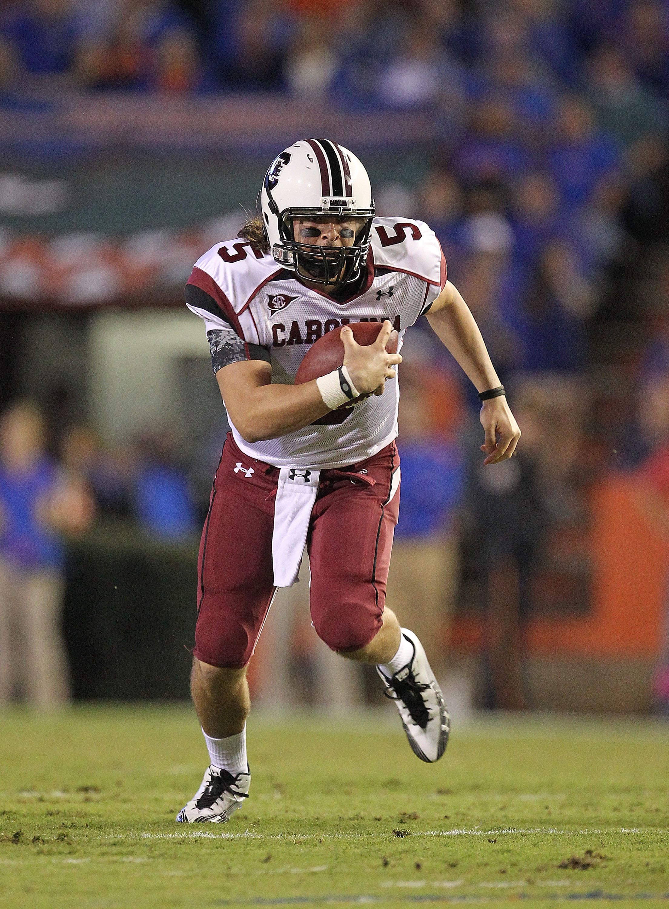 GAINESVILLE, FL - NOVEMBER 13:  Stephen Garcia #5 of the South Carolina Gamecocks rushes during a game against the Florida Gators at Ben Hill Griffin Stadium on November 13, 2010 in Gainesville, Florida.  (Photo by Mike Ehrmann/Getty Images)