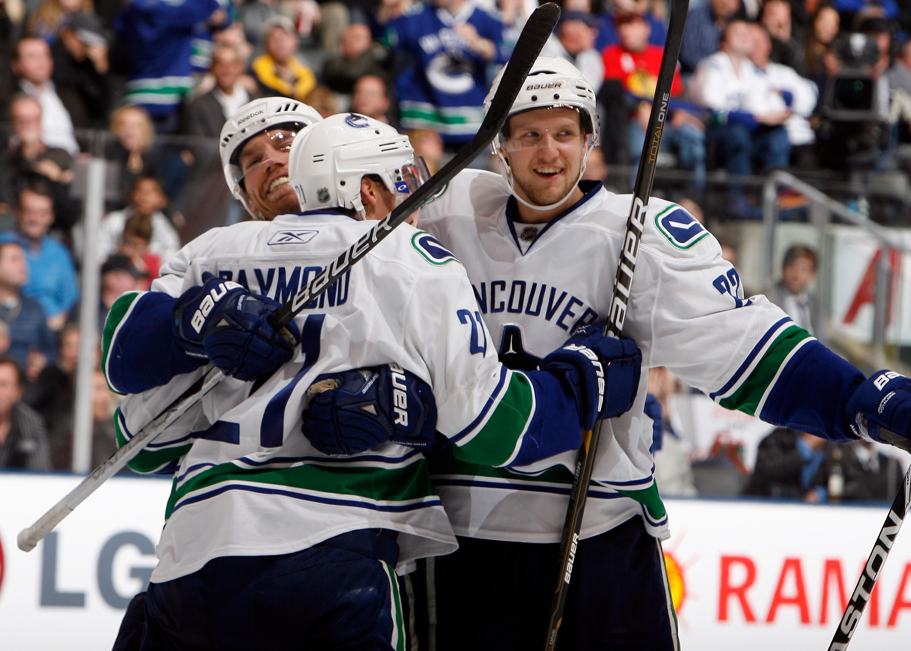 TORONTO - NOVEMBER 13: The Vancouver Canucks celebrate Mason Raymond goal during game action against the Toronto Maple Leafs at the Air Canada Centre November 13, 2010 in Toronto, Ontario, Canada. (Photo by Abelimages / Getty Images)