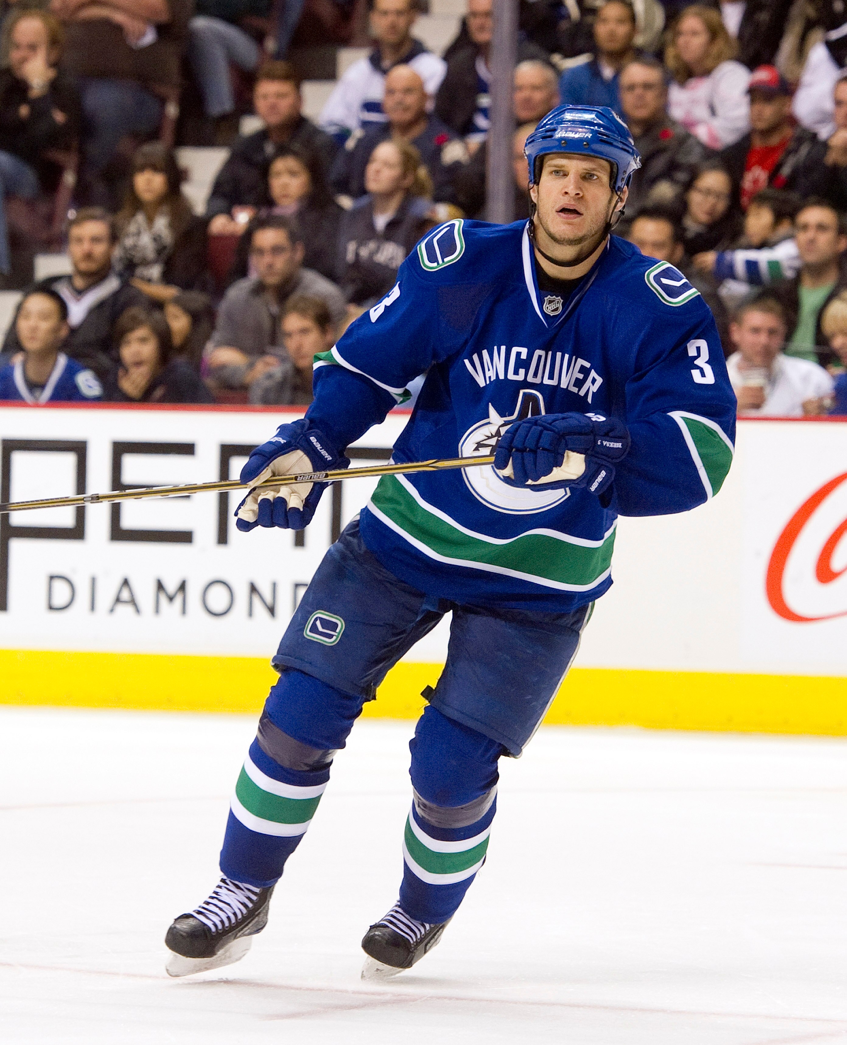 VANCOUVER, CANADA - NOVEMBER 1: Kevin Bieksa #3 of the Vancouver Canucks skates back to his own end during NHL action against the New Jersey Devils on November 01, 2010 at Rogers Arena in Vancouver, British Columbia, Canada.  (Photo by Rich Lam/Getty Imag
