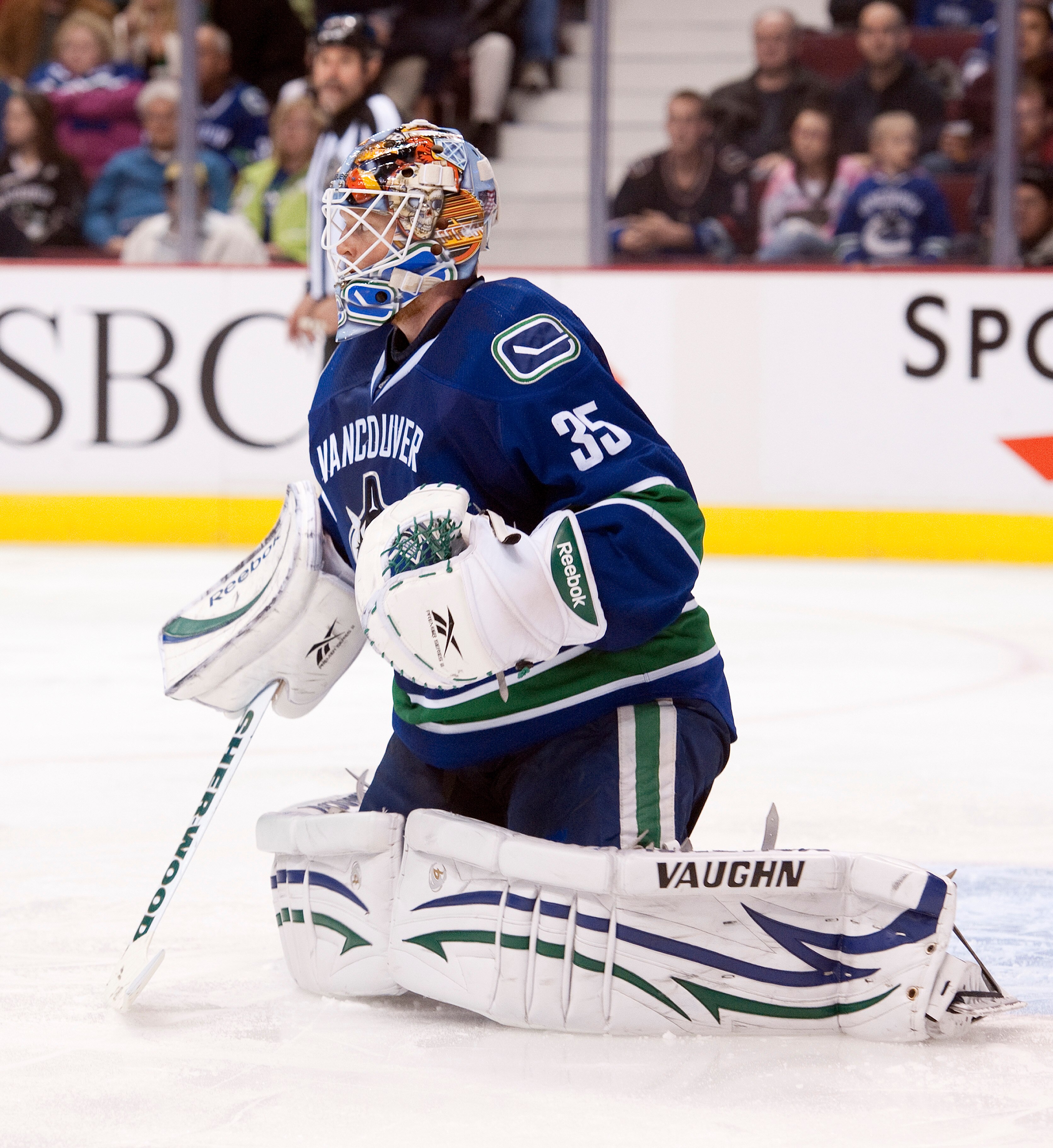 VANCOUVER, CANADA - OCTOBER 17: Goalie Cory Schneider #35 of the Vancouver Canucks watches the play move up ice during NHL action against the Carolina Hurricanes on October 17, 2010 at Rogers Arena in Vancouver, British Columbia, Canada.  (Photo by Rich L