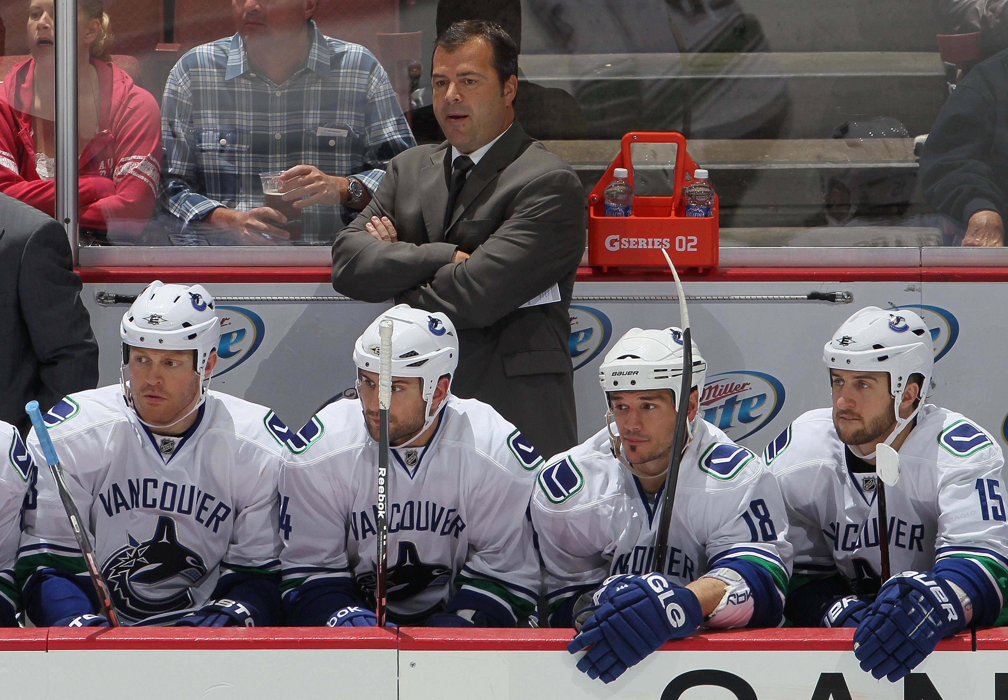 ANAHEIM, CA - OCTOBER 13:  Alain Vigneault, head coach of the Vancouver Canucks looks on from the bench during their game against the Anaheim Ducks at Honda Center on October 13, 2010 in Anaheim, California.  (Photo by Jeff Gross/Getty Images)