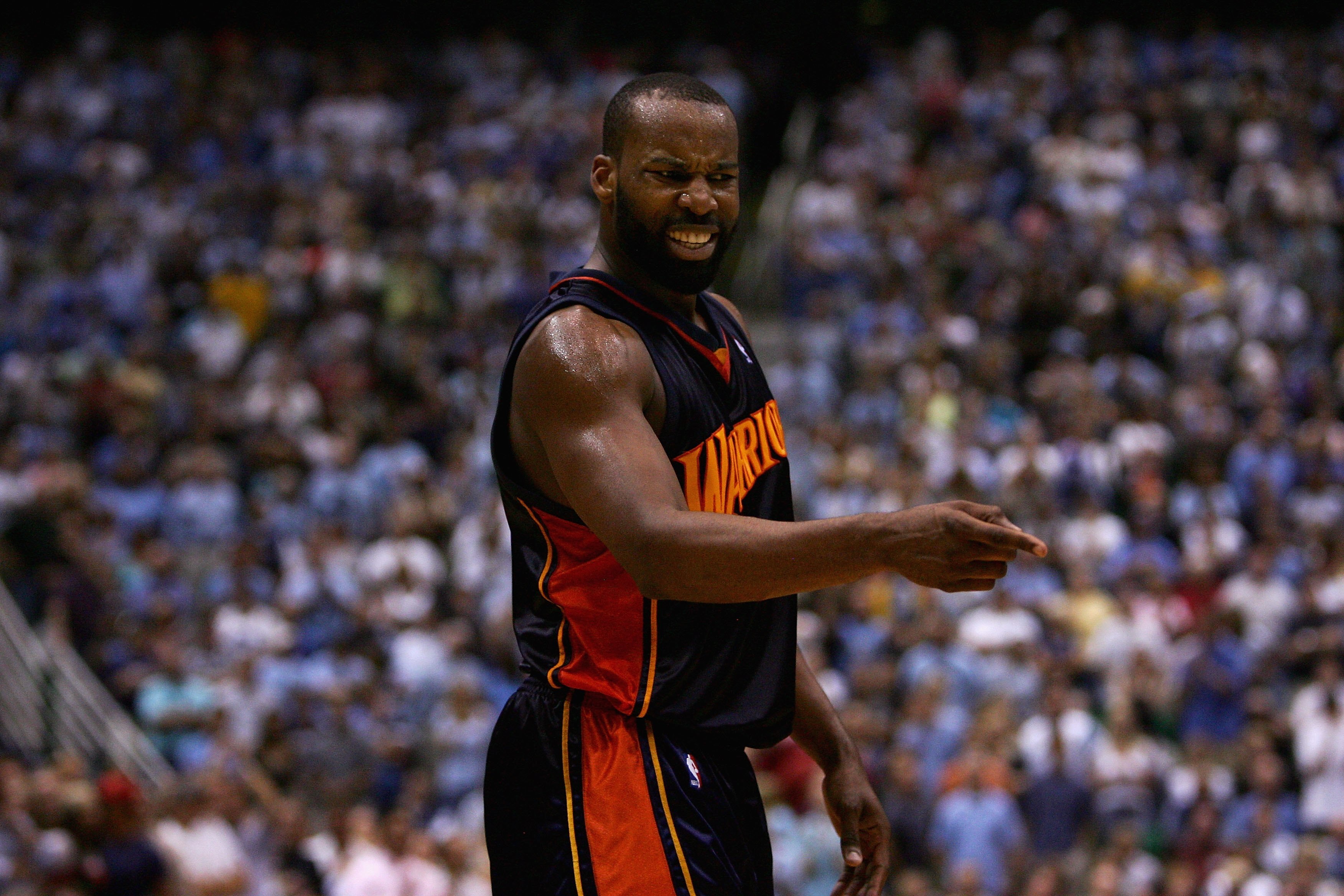 SALT LAKE CITY - MAY 15:  Baron Davis #5 of the Golden State Warriors reacts to a call in Game Five of the Western Conference Semifinals against the Utah Jazz during the 2007 NBA Playoffs at the EnergySolutions Arena on May 15, 2007 in Salt Lake City, Uta