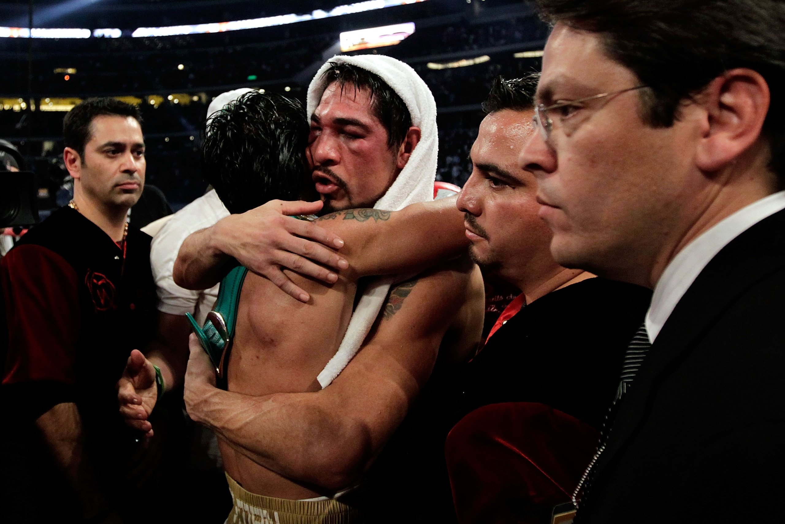 ARLINGTON, TX - NOVEMBER 13:  Antonio Margarito (black trunks) of Mexico congratulates Manny Pacquiao (white trunks) of the Philippines after Pacquaio won their WBC World Super Welterweight Title bout at Cowboys Stadium on November 13, 2010 in Arlington,