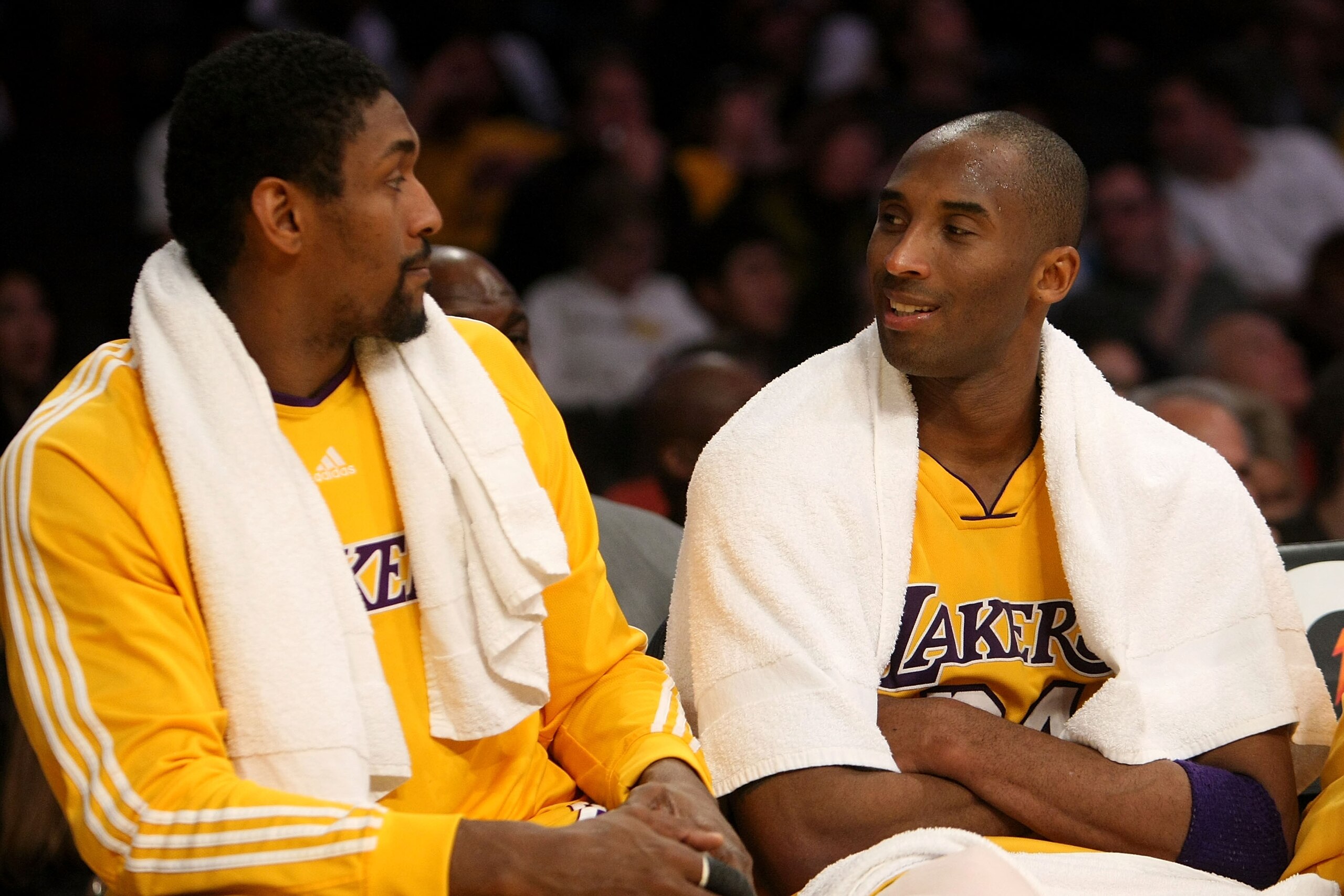 LOS ANGELES, CA - JANUARY 15: (L-R) Ron Artest #37 and Kobe Bryant #24 of the Los Angeles Lakers talk on the bench during the game against the Los Angeles Clippers on January 15, 2010 at Staples Center in Los Angeles, California. The Lakers won 126-86. LOS ANGELES, CA - JANUARY 15: (L-R) Ron Artest #37 and Kobe Bryant #24 of the Los Angeles Lakers talk on the bench during the game against the Los Angeles Clippers on January 15, 2010 at Staples Center in Los Angeles, California. The Lakers won 126-86.