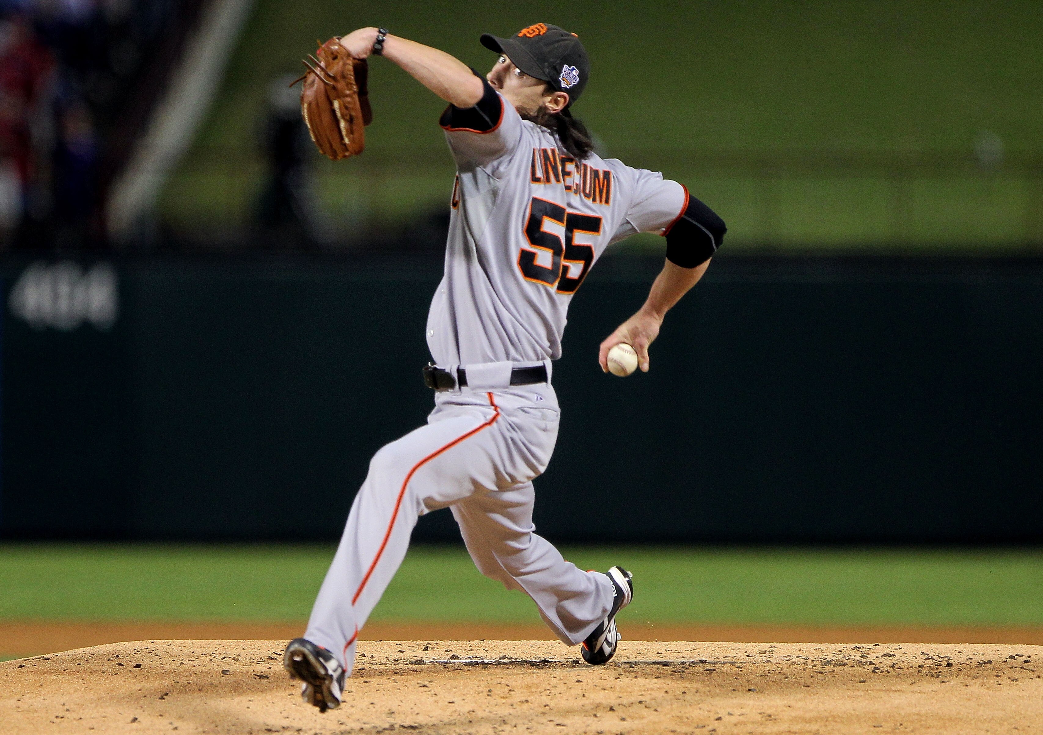 ARLINGTON, TX - NOVEMBER 01:  Starting pitcher Tim Lincecum #55 of the San Francisco Giants pitches against the Texas Rangers in Game Five of the 2010 MLB World Series at Rangers Ballpark in Arlington on November 1, 2010 in Arlington, Texas.  (Photo by Do