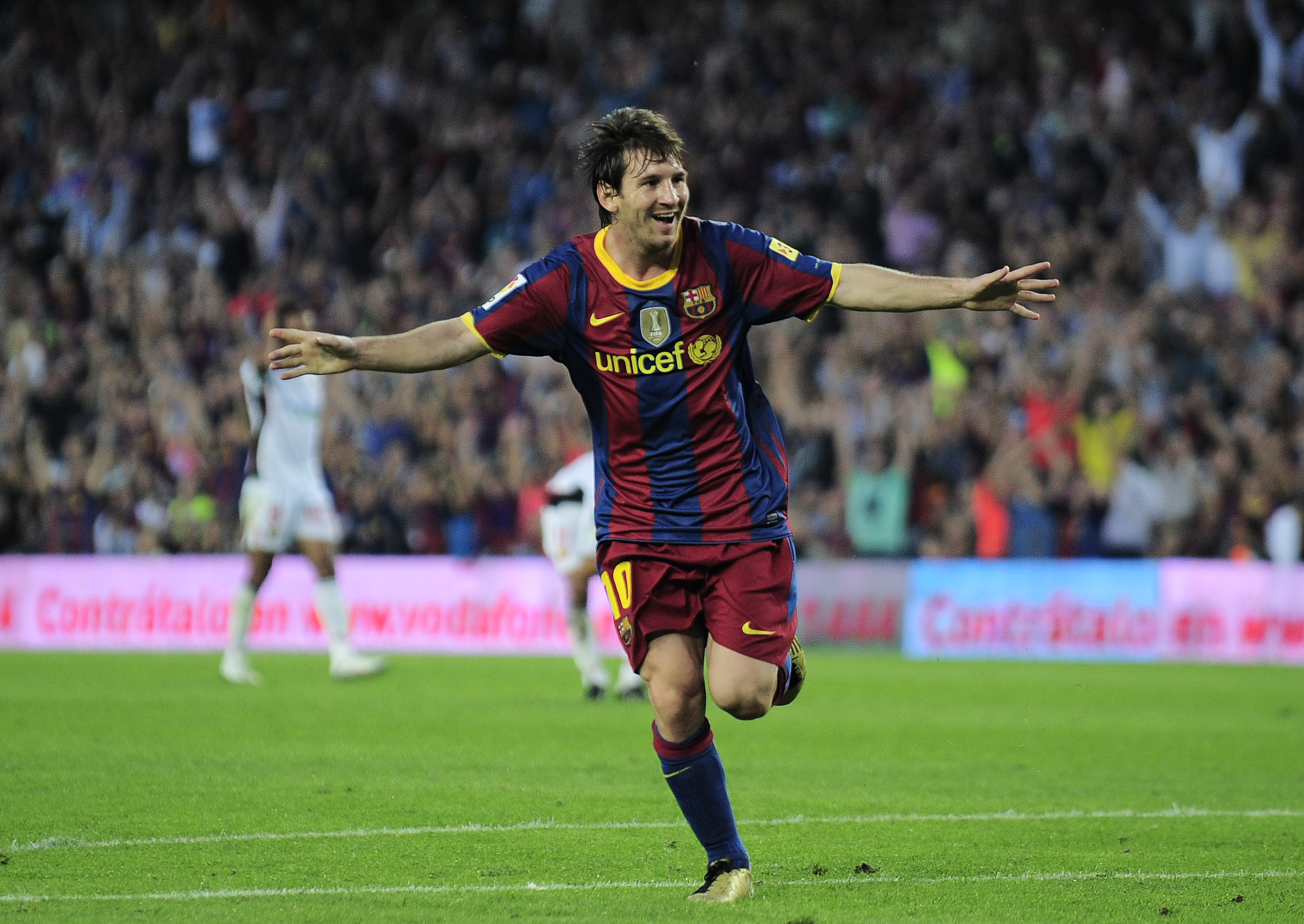 BARCELONA, SPAIN - OCTOBER 03:  Lionel Messi of Barcelona celebrates after scoring during the La Liga match between Barcelona and Mallorca at the Camp Nou stadium on October 3, 2010 in Barcelona, Spain.  (Photo by David Ramos/Getty Images)