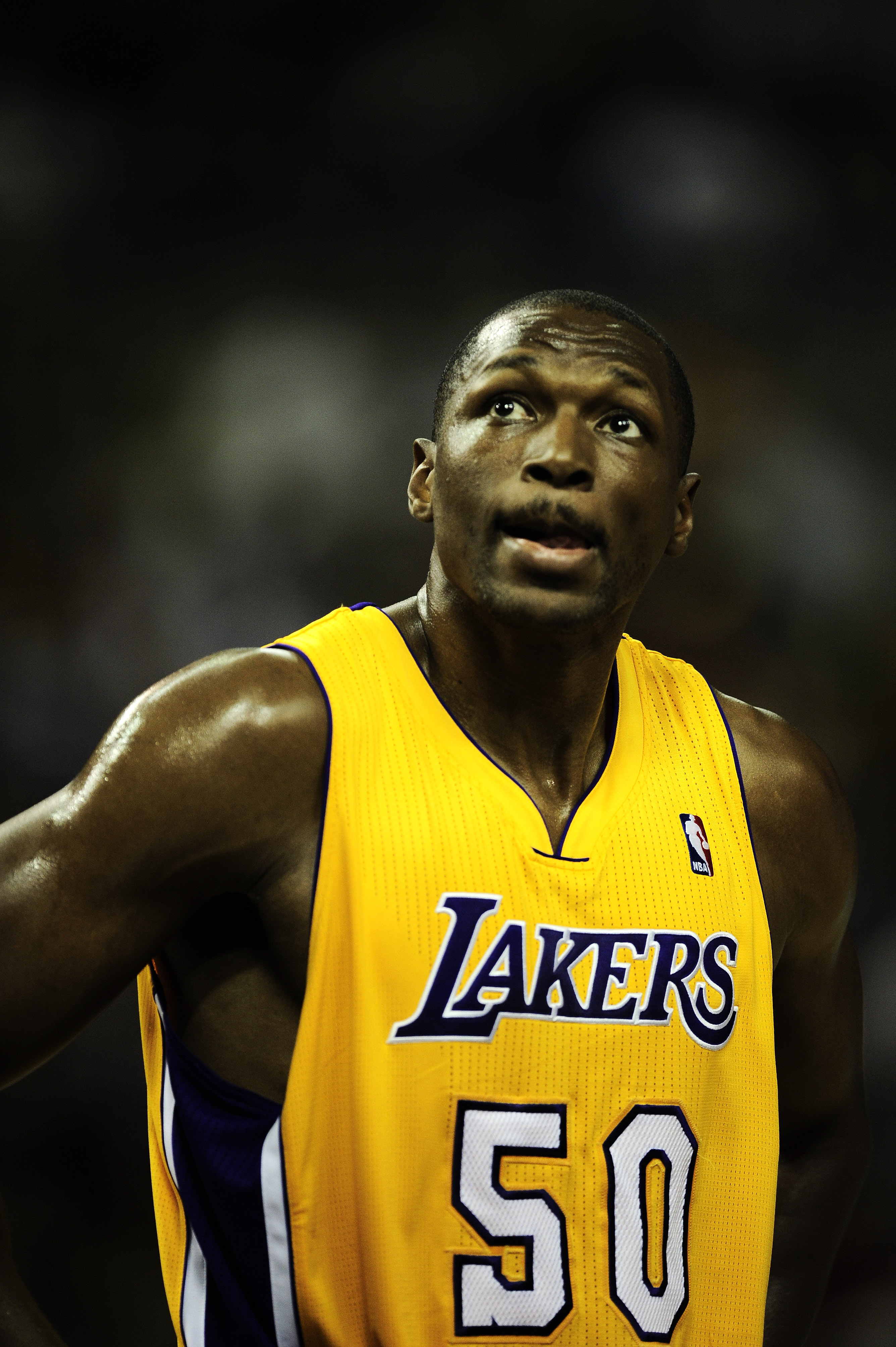 BARCELONA, SPAIN - OCTOBER 07:  Theo Ratliff #50 of the Los Angeles Lakers looks on during the NBA Europe Live match between Los Angeles Lakers and Regal FC Barcelona at the at Palau Blaugrana on October 7, 2010 in Barcelona, Spain.  (Photo by David Ramos