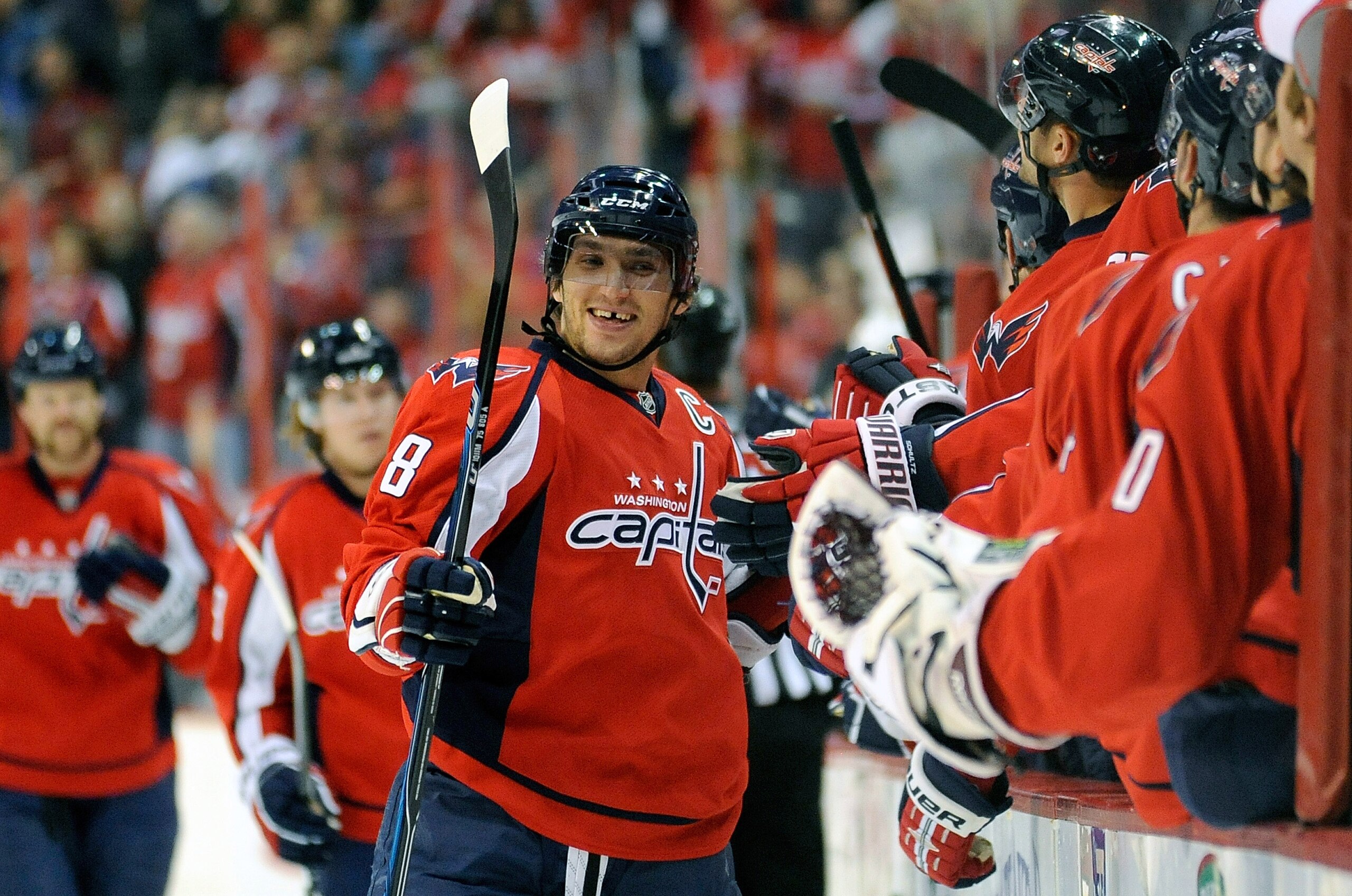 WASHINGTON - NOVEMBER 14: Alex Ovechkin #8 of the Washington Capitals celebrates with teammates after scoring in the first period against the Atlanta Thrashers at the Verizon Center on November 14, 2010 in Washington, DC. (Photo by Greg Fiume/Getty Imag WASHINGTON - NOVEMBER 14: Alex Ovechkin #8 of the Washington Capitals celebrates with teammates after scoring in the first period against the Atlanta Thrashers at the Verizon Center on November 14, 2010 in Washington, DC. (Photo by Greg Fiume/Getty Imag