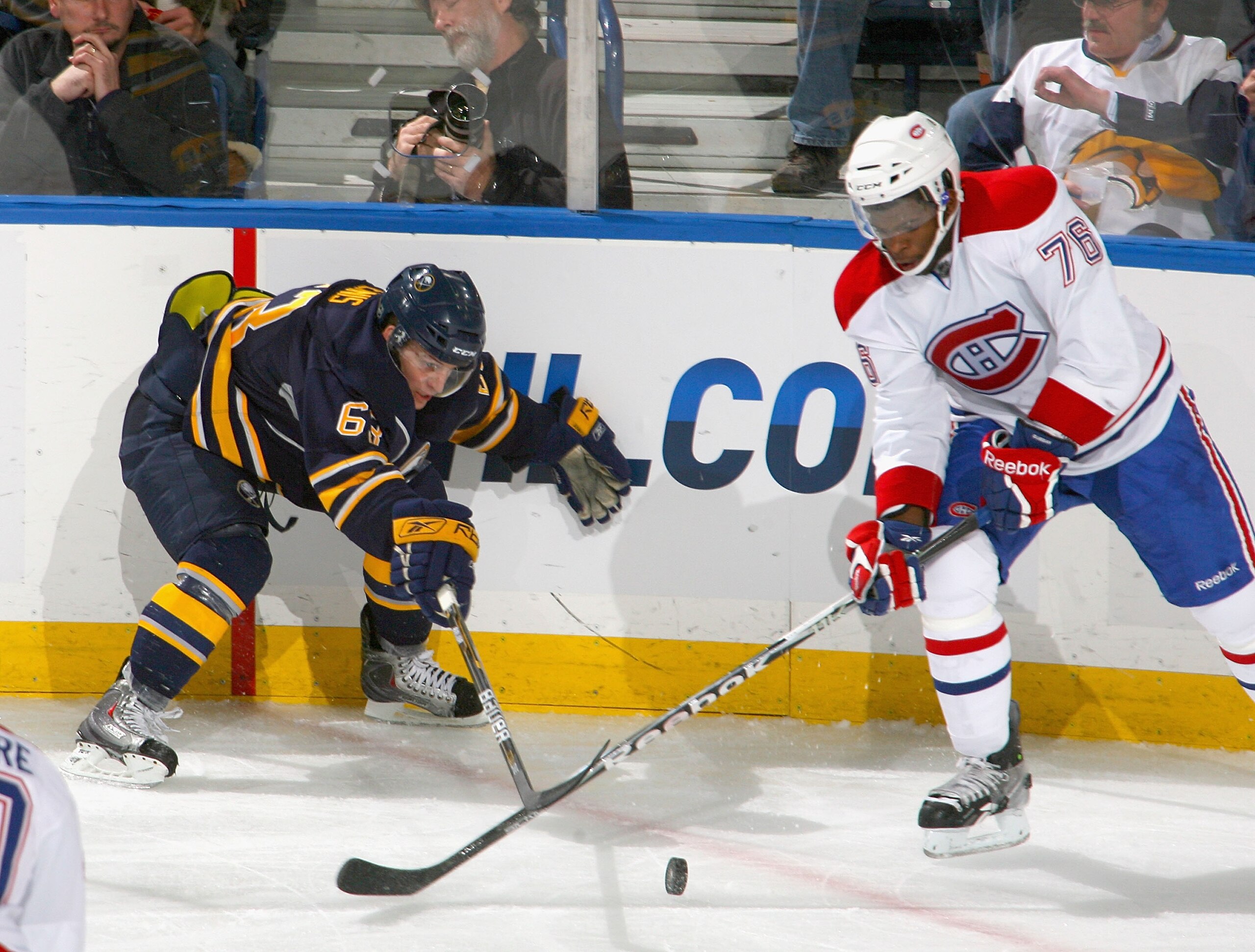 BUFFALO, NY - NOVEMBER 05: Tyler Ennis #63 of the Buffalo Sabres fights for puck control with P.K. Subban #76 of the Montreal Canadiens on November 5, 2010 at HSBC Arena in Buffalo, New York. (Photo by Rick Stewart/Getty Images) BUFFALO, NY - NOVEMBER 05: Tyler Ennis #63 of the Buffalo Sabres fights for puck control with P.K. Subban #76 of the Montreal Canadiens on November 5, 2010 at HSBC Arena in Buffalo, New York. (Photo by Rick Stewart/Getty Images)