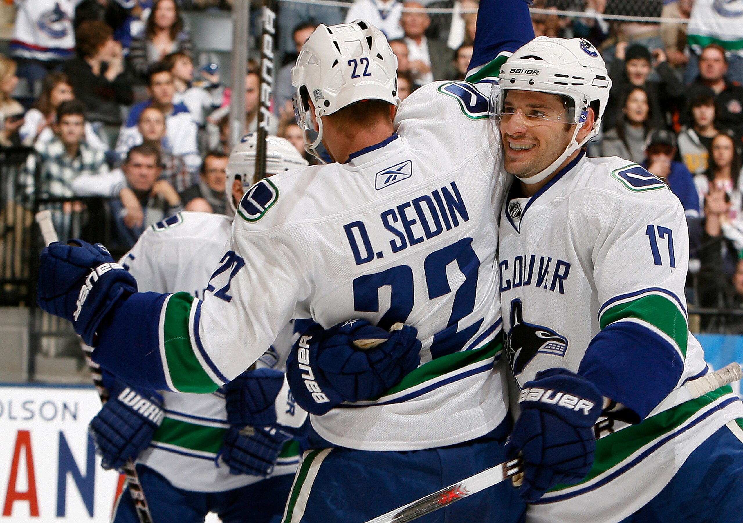 TORONTO - NOVEMBER 13: Daniel Sedin #22 and Ryan Kesler #17 of the Vancouver Canucks celebrate Ryan Kesler goal during game action against the Toronto Maple Leafs at the Air Canada Centre November 13, 2010 in Toronto, Ontario, Canada. (Photo by Abelimages TORONTO - NOVEMBER 13: Daniel Sedin #22 and Ryan Kesler #17 of the Vancouver Canucks celebrate Ryan Kesler goal during game action against the Toronto Maple Leafs at the Air Canada Centre November 13, 2010 in Toronto, Ontario, Canada. (Photo by Abelimages