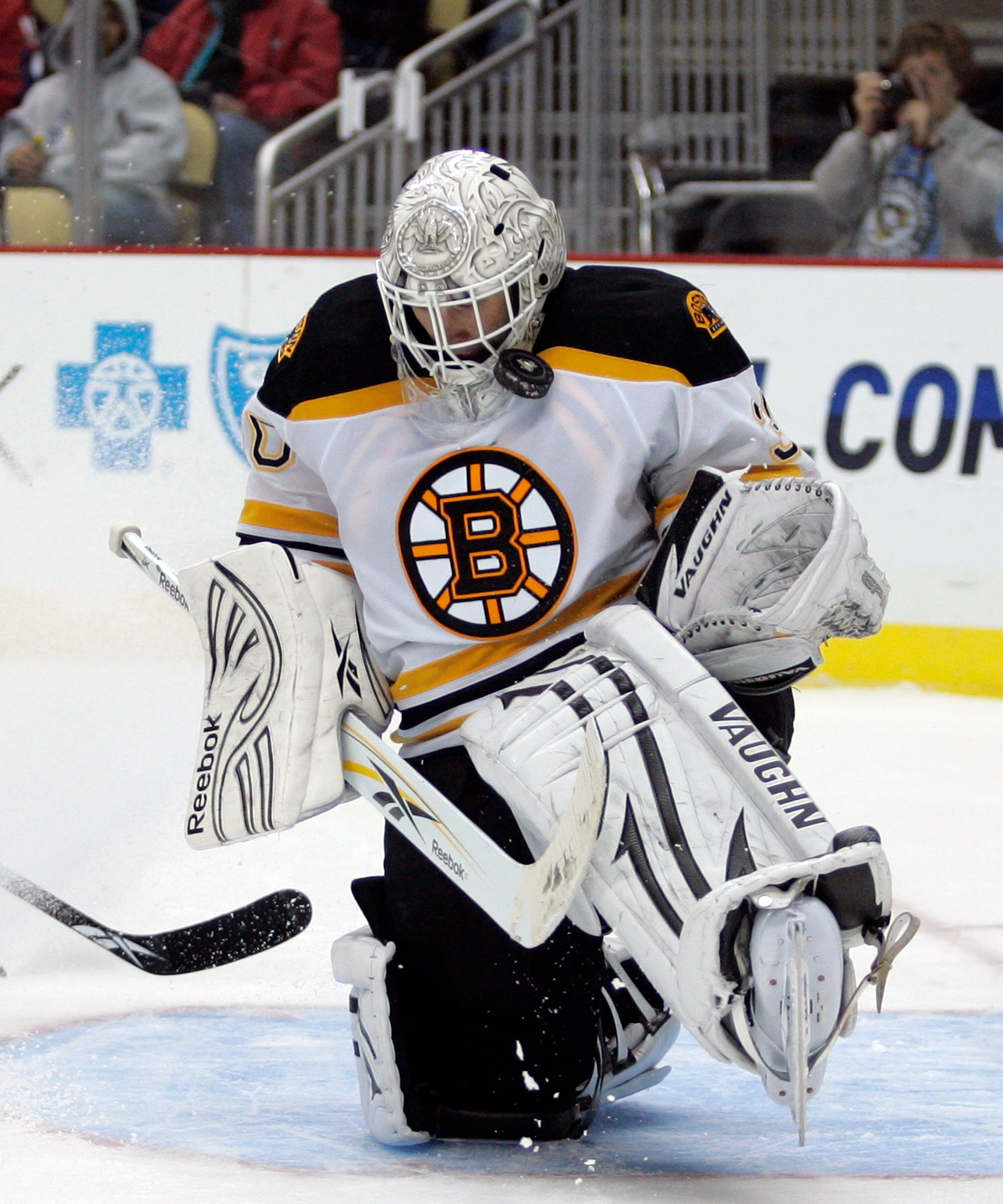 PITTSBURGH - NOVEMBER 10:  Tim Thomas #30 of the Boston Bruins makes a save against the Pittsburgh Penguins in the third period at Consol Energy Center on November 10, 2010 in Pittsburgh, Pennsylvania.  The Bruins defeated the Penguins 7-4.  (Photo by Jus
