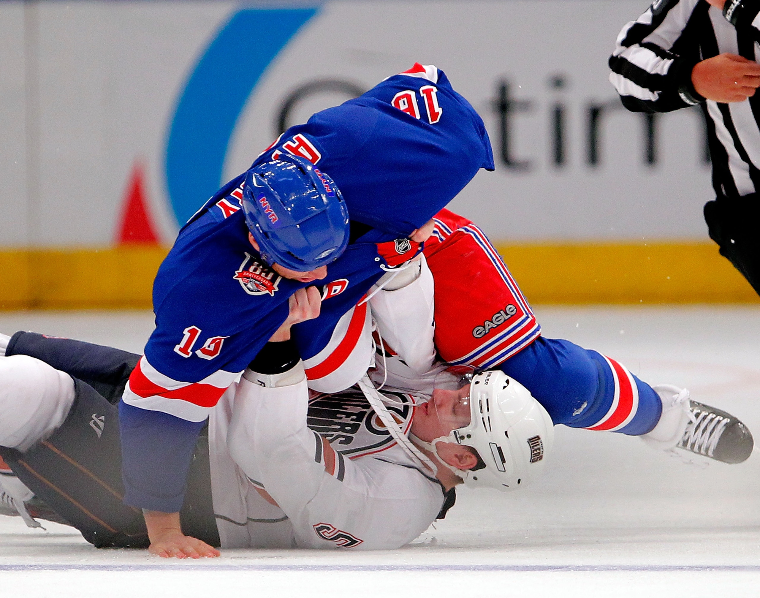 NEW YORK - NOVEMBER 14: Ladislav Smid #5 of the Edmonton Oilers is throws to the ice by Sean Avery #16 of the New York Rangers after Smid said something to Avery regarding a hard check Avery threw during the third period of a hockey game at Madison Squar NEW YORK - NOVEMBER 14: Ladislav Smid #5 of the Edmonton Oilers is throws to the ice by Sean Avery #16 of the New York Rangers after Smid said something to Avery regarding a hard check Avery threw during the third period of a hockey game at Madison Squar