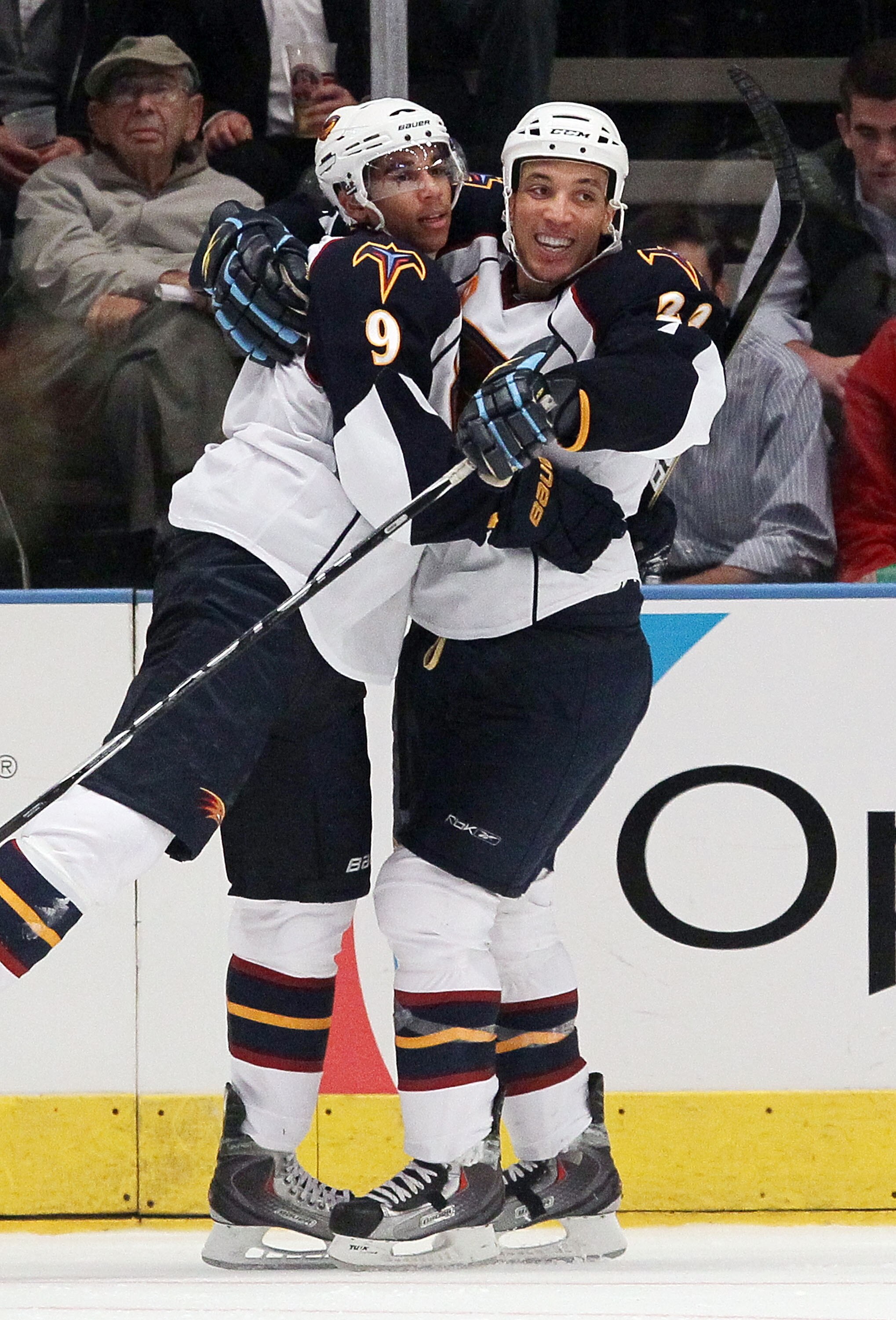 NEW YORK - OCTOBER 27:  Evander Kane #9 of the Atlanta Thrashers celebrates his seond period goal against the New York Rangers with teammate Anthony Stewart #22on October 27, 2010 at Madison Square Garden in New York City.  (Photo by Jim McIsaac/Getty Ima