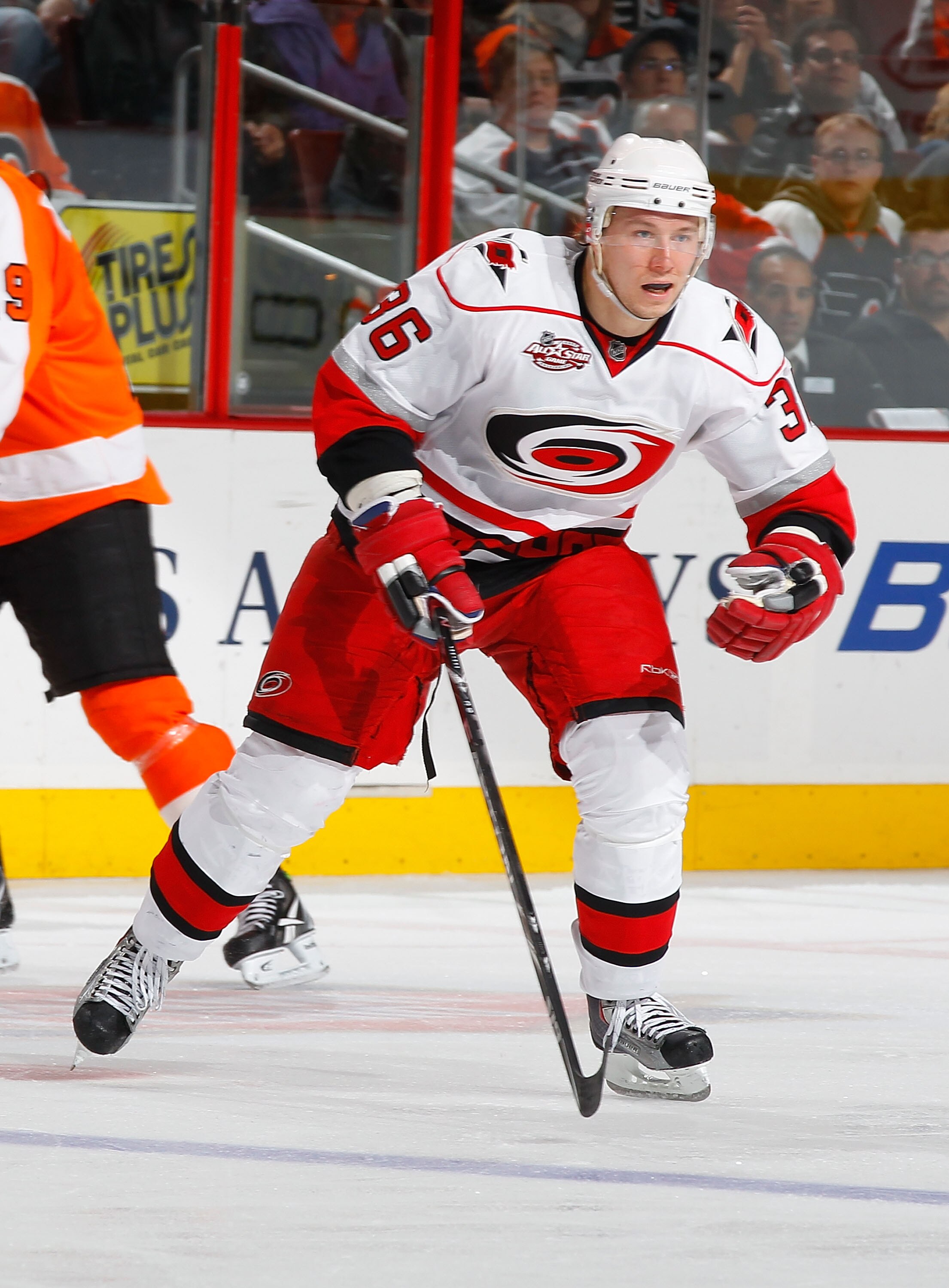 PHILADELPHIA - NOVEMBER 01:  Jussi Jokinen #36 of the Carolina Hurricanes skates against the Philadelphia Flyers on November 1, 2010 at the Wells Fargo Center in Philadelphia, Pennsylvania. Flyers defeat the Hurricanes 3-2.  (Photo by Mike Stobe/Getty Ima
