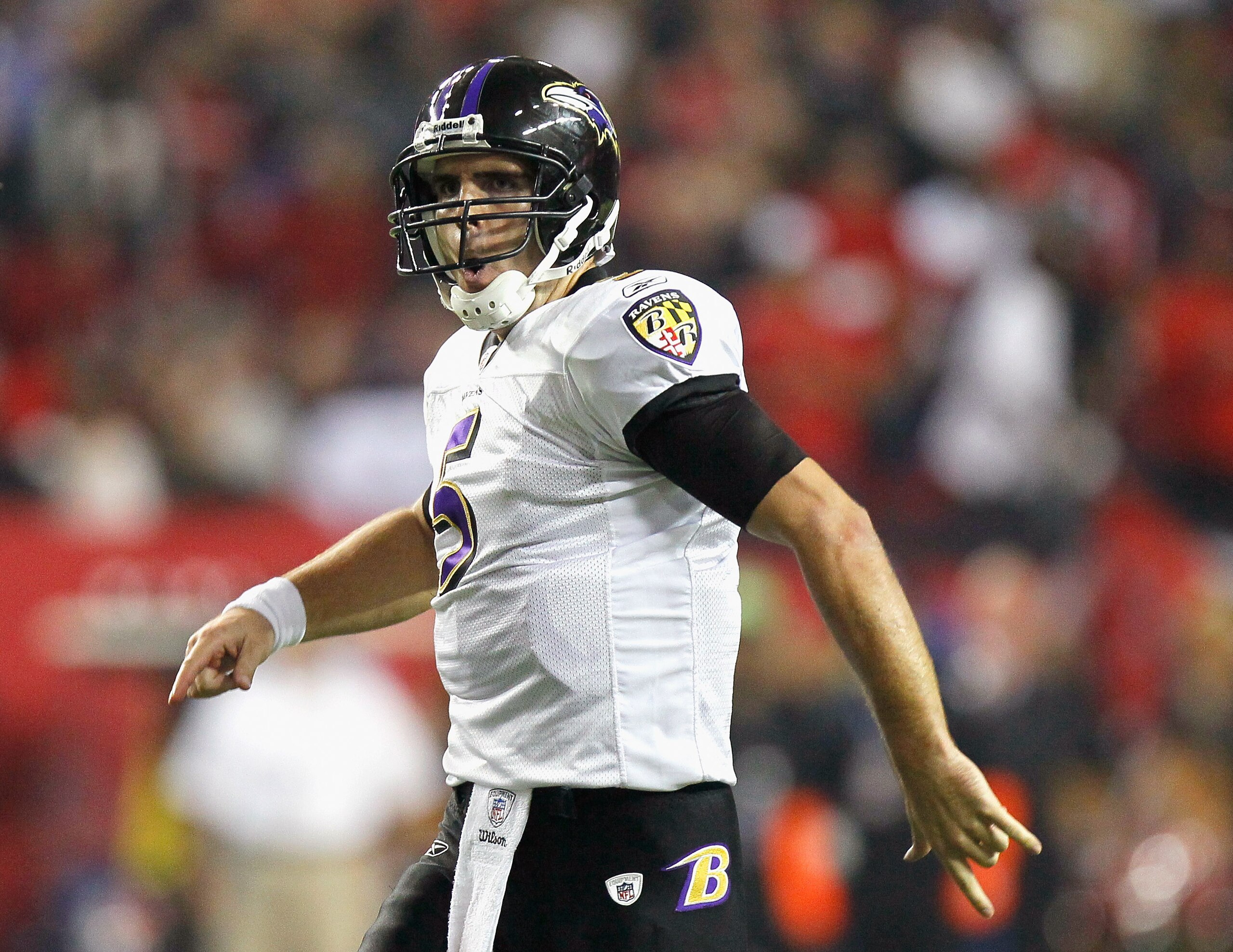 ATLANTA - NOVEMBER 11:  Quarterback Joe Flacco #5 of the Baltimore Ravens reacts after tossing a touchdown reception against the Atlanta Falcons at Georgia Dome on November 11, 2010 in Atlanta, Georgia.  (Photo by Kevin C. Cox/Getty Images)