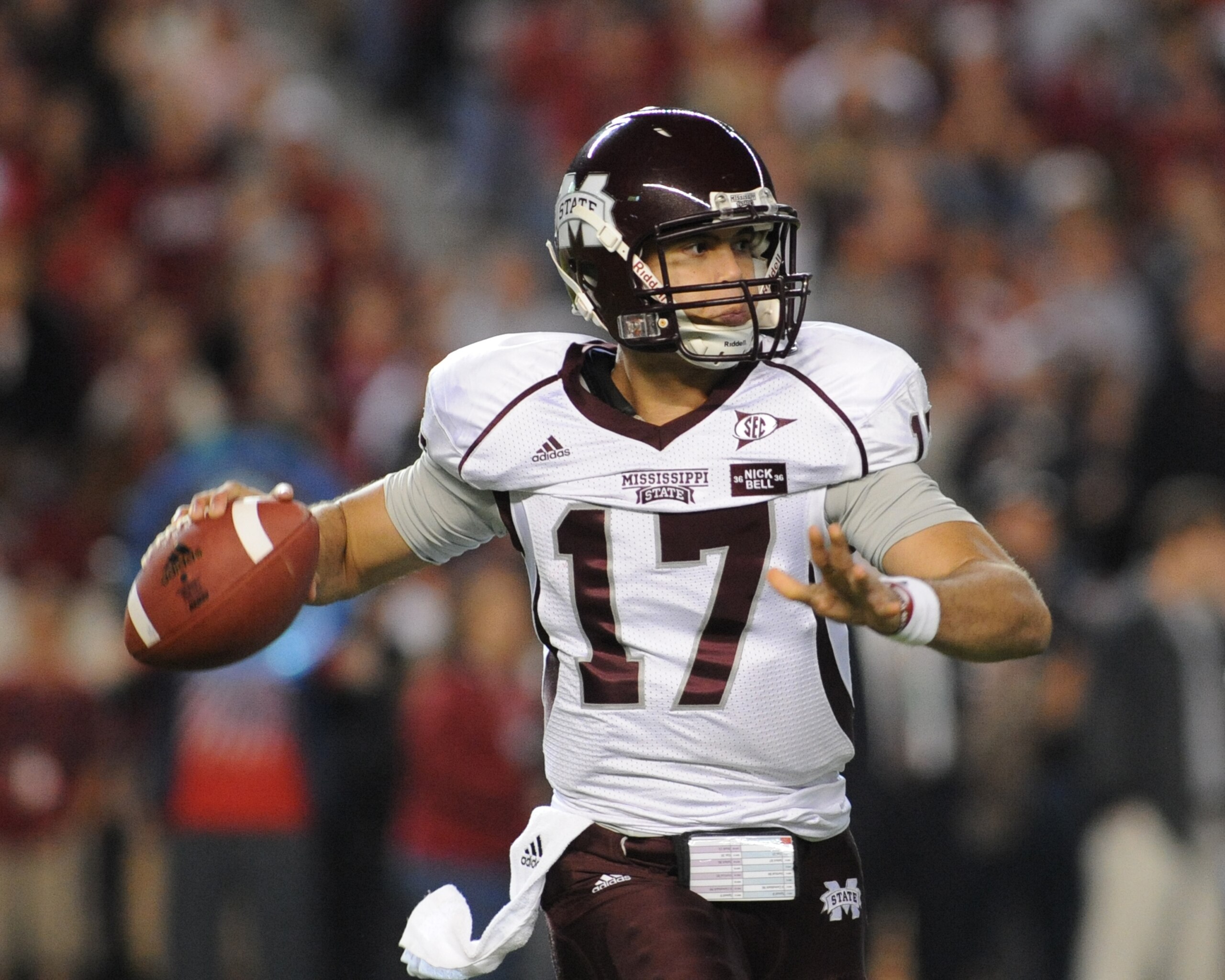 TUSCALOOSA, AL - NOVEMBER 13: Quarterback Tyler Russell #17 of the Mississippi State Bulldogs sets to pass against the Alabama Crimson Tide November 13, 2010 at Bryant-Denny Stadium in Tuscaloosa, Alabama. (Photo by Al Messerschmidt/Getty Images) TUSCALOOSA, AL - NOVEMBER 13: Quarterback Tyler Russell #17 of the Mississippi State Bulldogs sets to pass against the Alabama Crimson Tide November 13, 2010 at Bryant-Denny Stadium in Tuscaloosa, Alabama. (Photo by Al Messerschmidt/Getty Images)