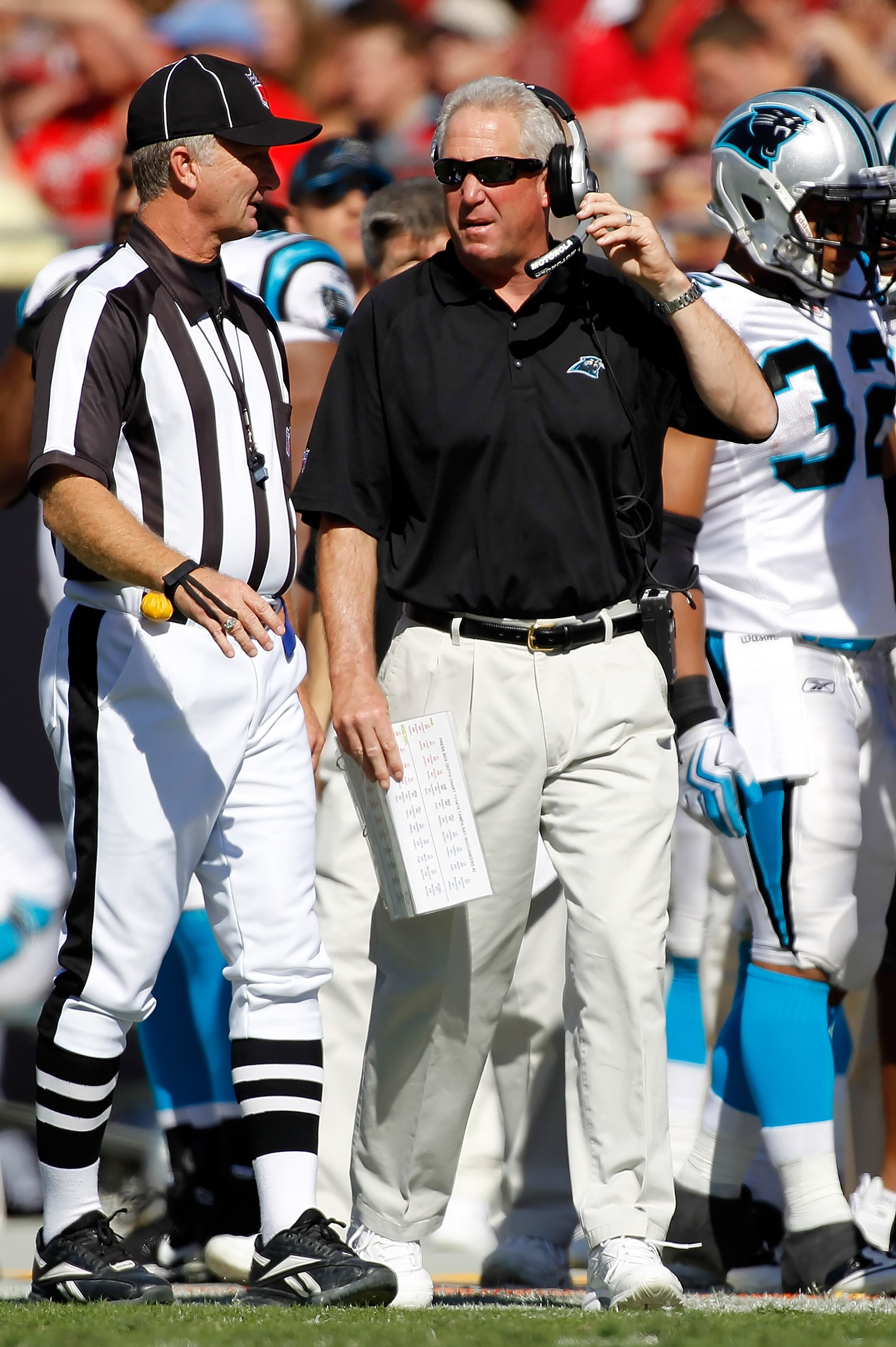 TAMPA, FL - NOVEMBER 14:  Head coach John Fox of the Carolina Panthers talks with an official during the game against the Tampa Bay Buccaneers at Raymond James Stadium on November 14, 2010 in Tampa, Florida.  (Photo by J. Meric/Getty Images)