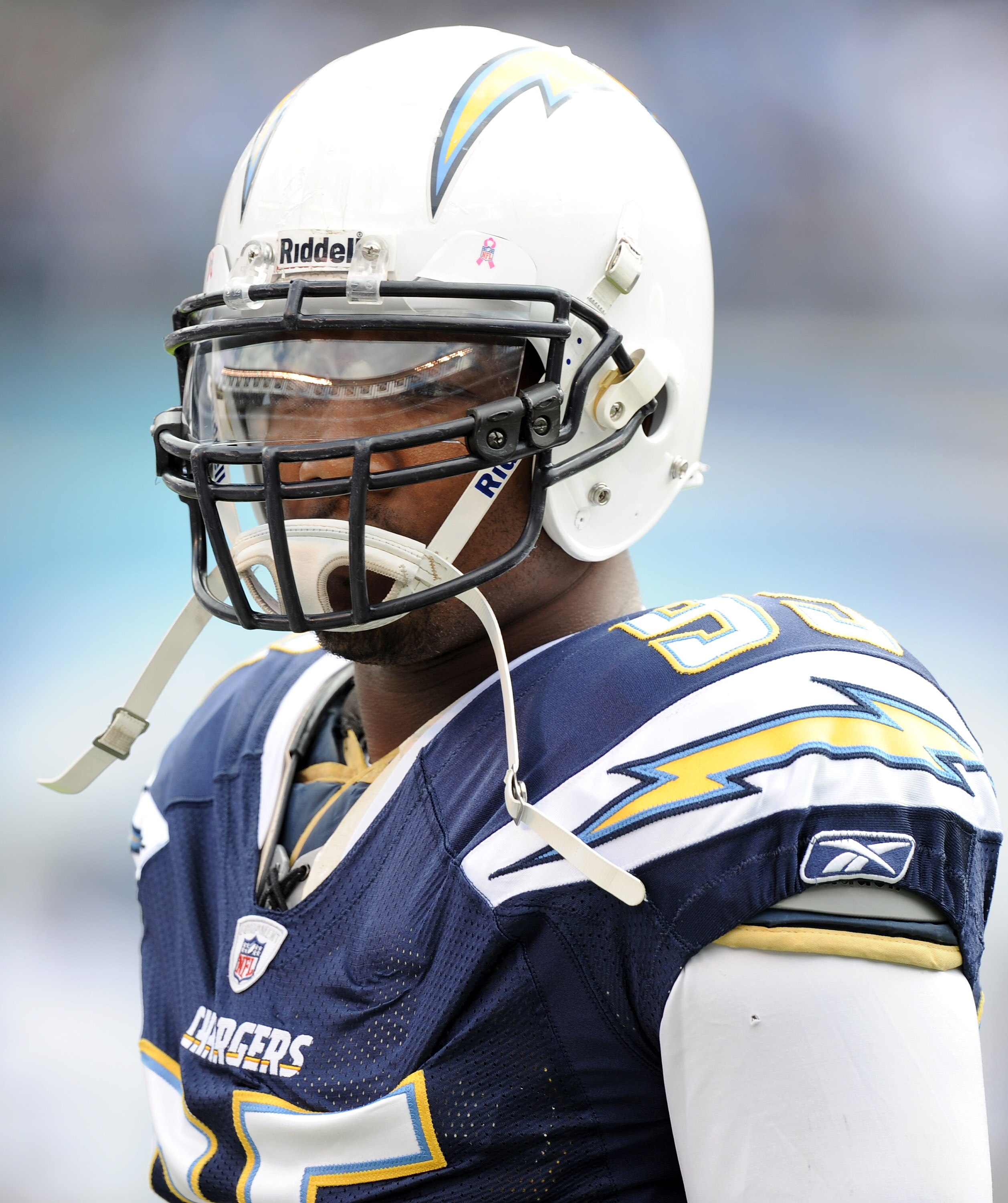SAN DIEGO - OCTOBER 24:  Shaun Phillips #95 of the San Diego Chargers during warm up against the New England Patriots at Qualcomm Stadium on October 24, 2010 in San Diego, California.  (Photo by Harry How/Getty Images)