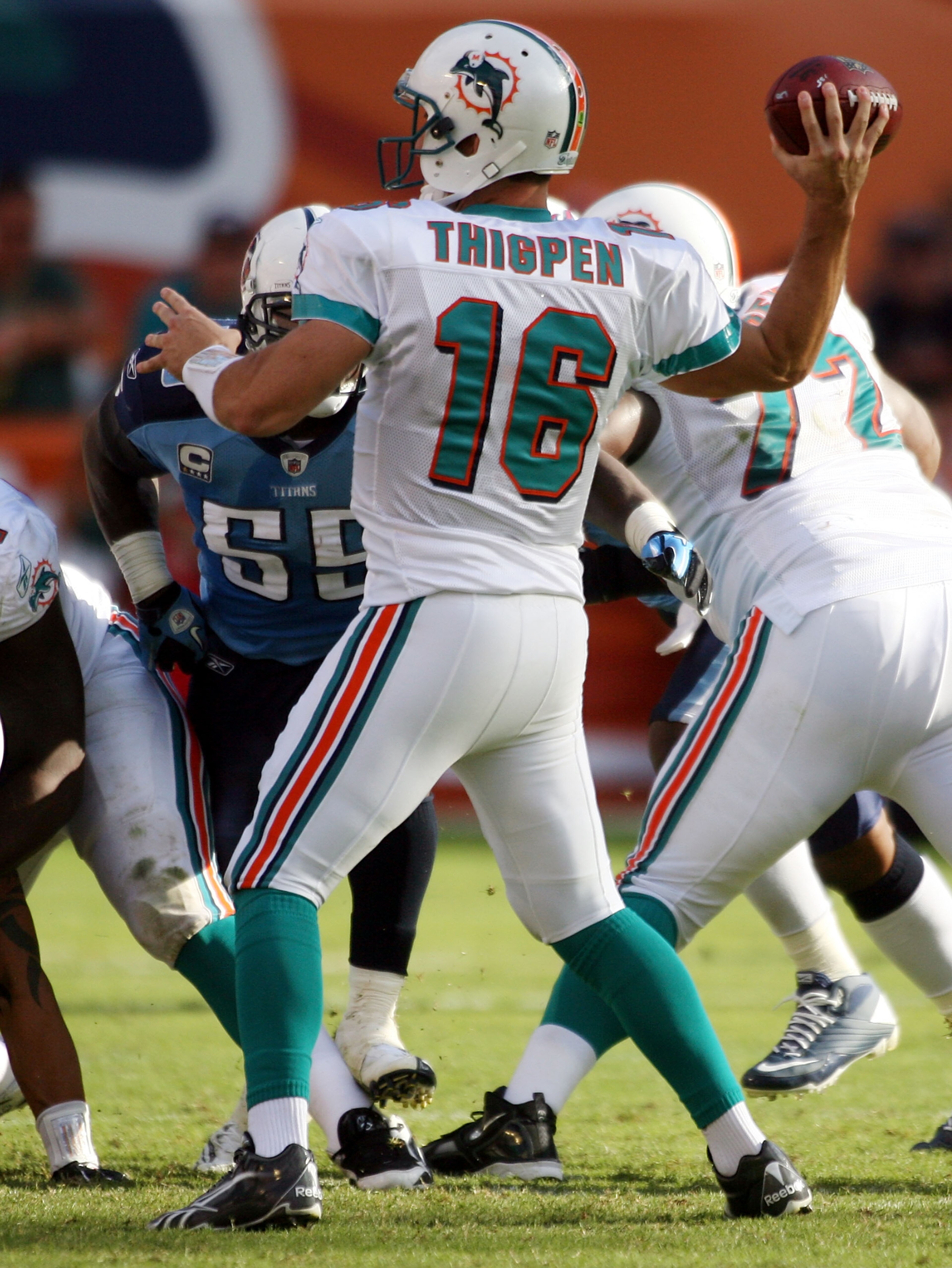 MIAMI - NOVEMBER 14: Quarterback Tyler Thigpen #16 of the Miami Dolphins passes against the Tennessee Titans at Sun Life Stadium on November 14, 2010 in Miami, Florida. (Photo by Marc Serota/Getty Images) MIAMI - NOVEMBER 14: Quarterback Tyler Thigpen #16 of the Miami Dolphins passes against the Tennessee Titans at Sun Life Stadium on November 14, 2010 in Miami, Florida. (Photo by Marc Serota/Getty Images)