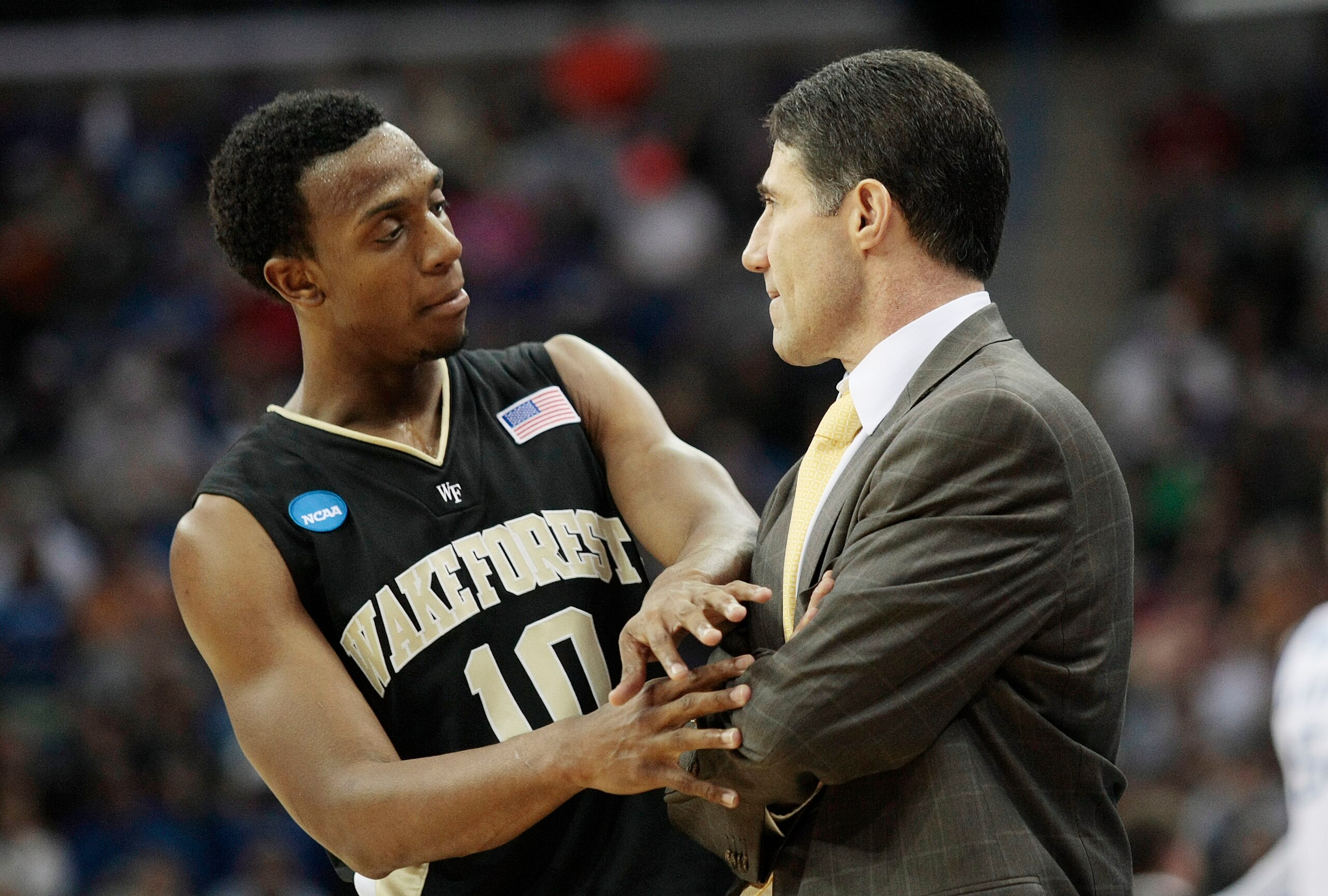 NEW ORLEANS - MARCH 20:  Ishmael Smith #10 talks with coach Dino Gaudio of the Wake Forest Demon Deacons during the second round of the 2010 NCAA men's basketball tournament at the New Orleans Arena on March 20, 2010 in New Orleans, Louisiana.  (Photo by 