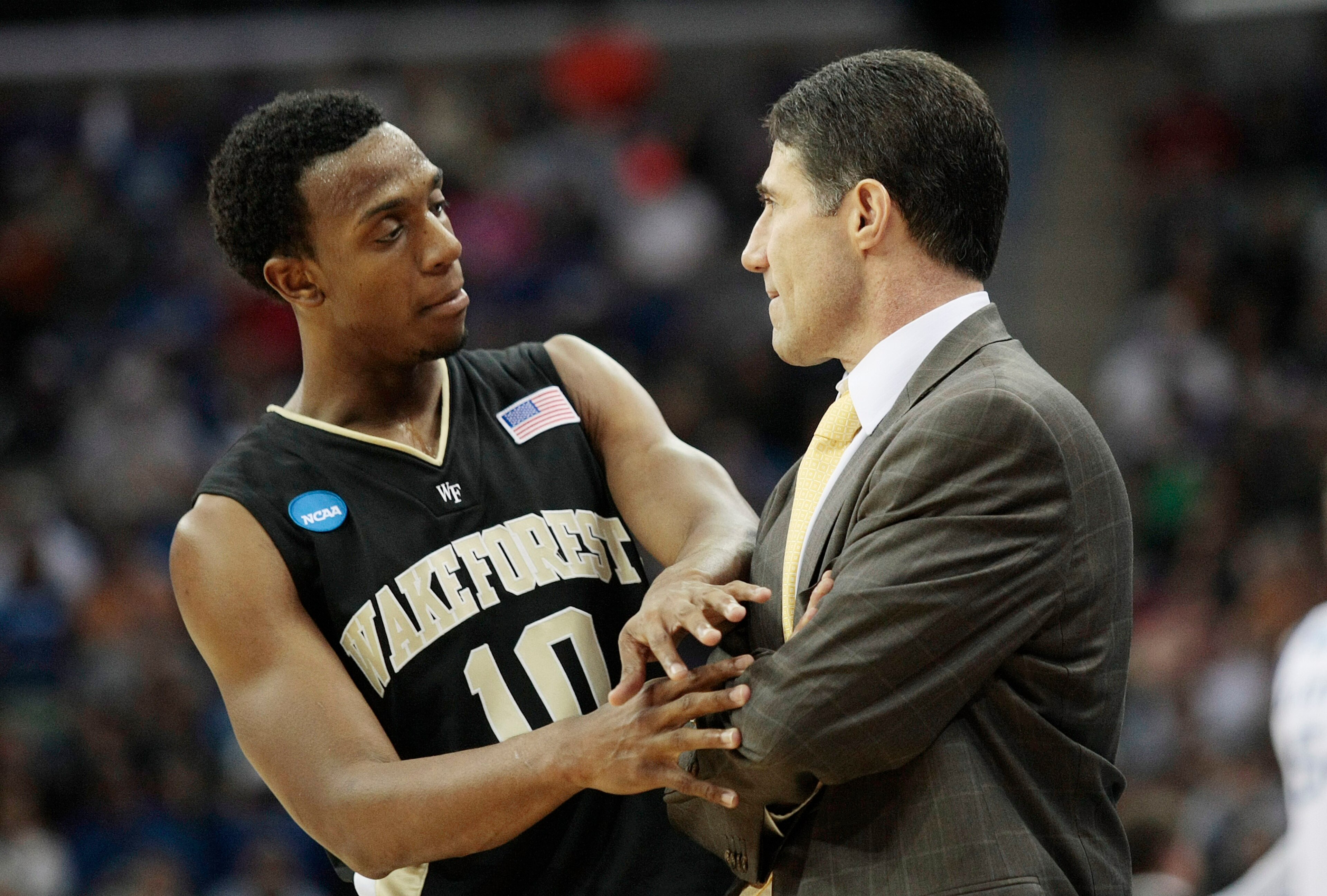 NEW ORLEANS - MARCH 20:  Ishmael Smith #10 talks with coach Dino Gaudio of the Wake Forest Demon Deacons during the second round of the 2010 NCAA men's basketball tournament at the New Orleans Arena on March 20, 2010 in New Orleans, Louisiana.  (Photo by 