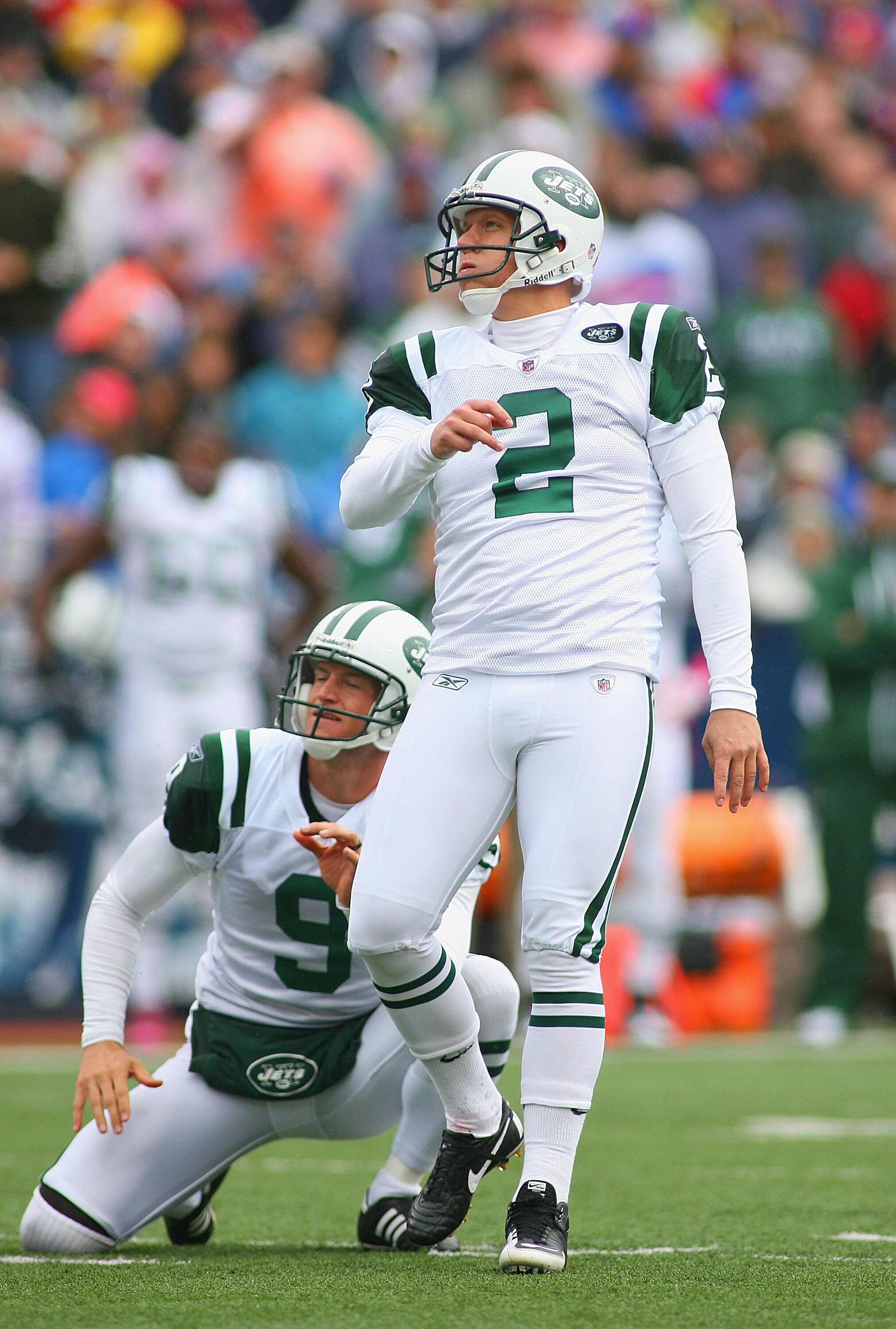 ORCHARD PARK, NY - OCTOBER 03: Nick Folk #2 and Steve Weatherford #9  of the New York Jets  watch a field goal attempt miss against the Buffalo Bills at Ralph Wilson Stadium on October 3, 2010 in Orchard Park, New York. The Jets won 38-14. (Photo by Rick
