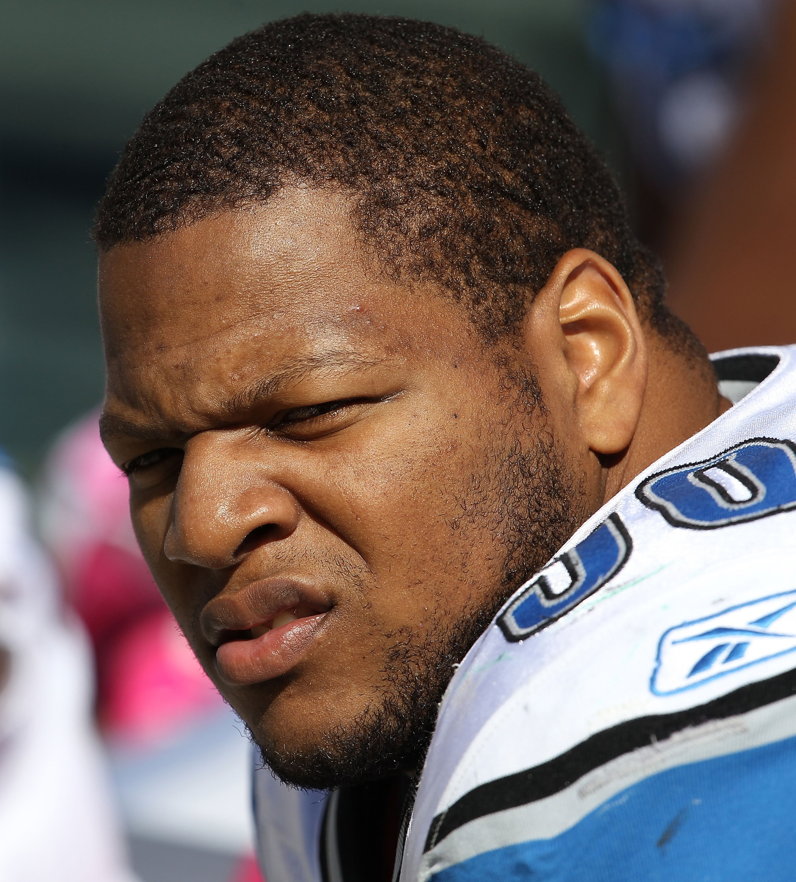 GREEN BAY, WI - OCTOBER 03: Ndamukong Suh #90 of the Detroit Lions rests on the bench during a game against the Green Bay Packers at Lambeau Field on October 3, 2010 in Green Bay, Wisconsin. The Packers defeated the Lions 28-26. (Photo by Jonathan Daniel/