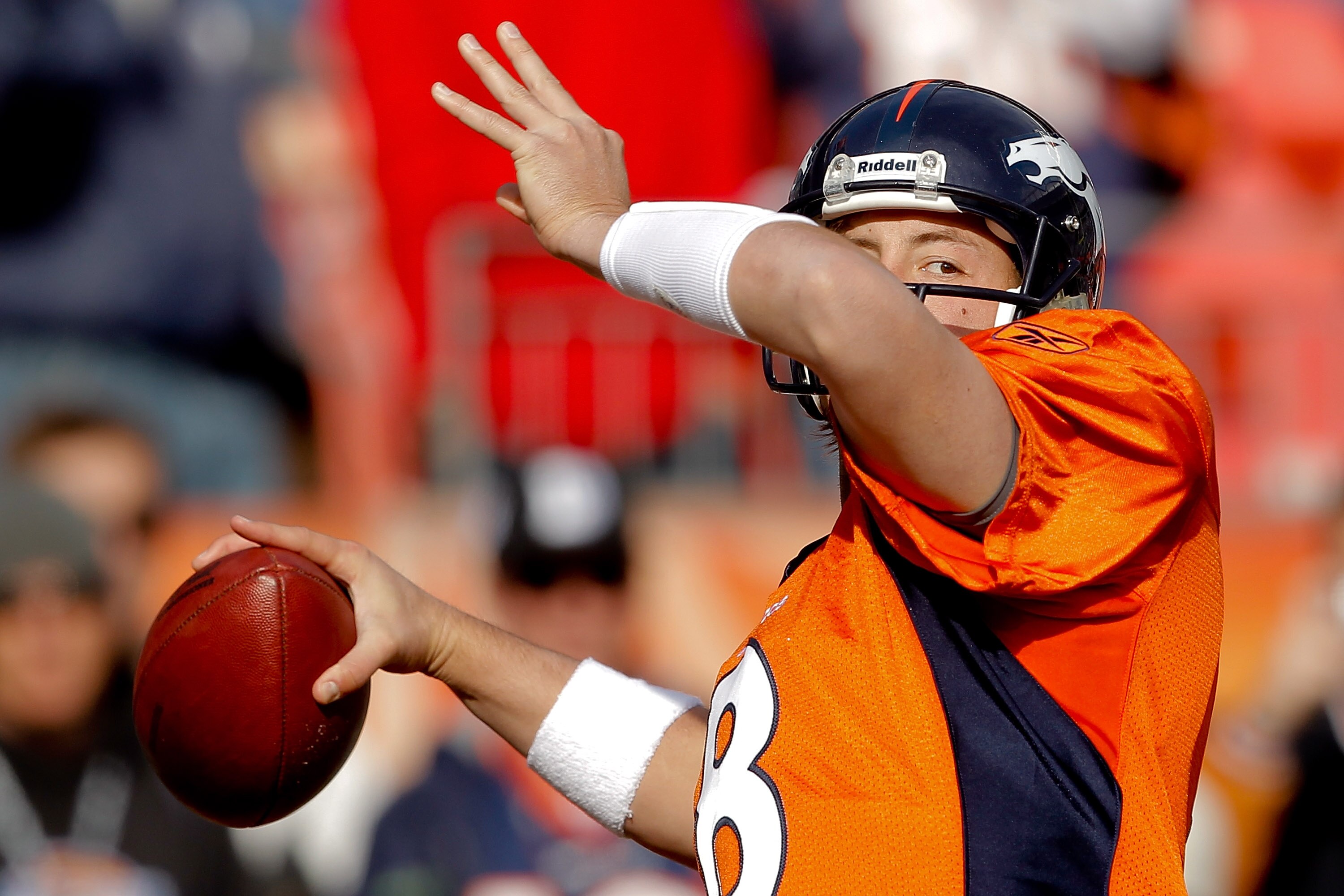 DENVER - OCTOBER 24:  Quarterback Kyle Orton #8 of the Denver Broncos warms up before taking on the Kansas City Chiefs at INVESCO Field at Mile High on November 14, 2010 in Denver, Colorado. (Photo by Justin Edmonds/Getty Images)