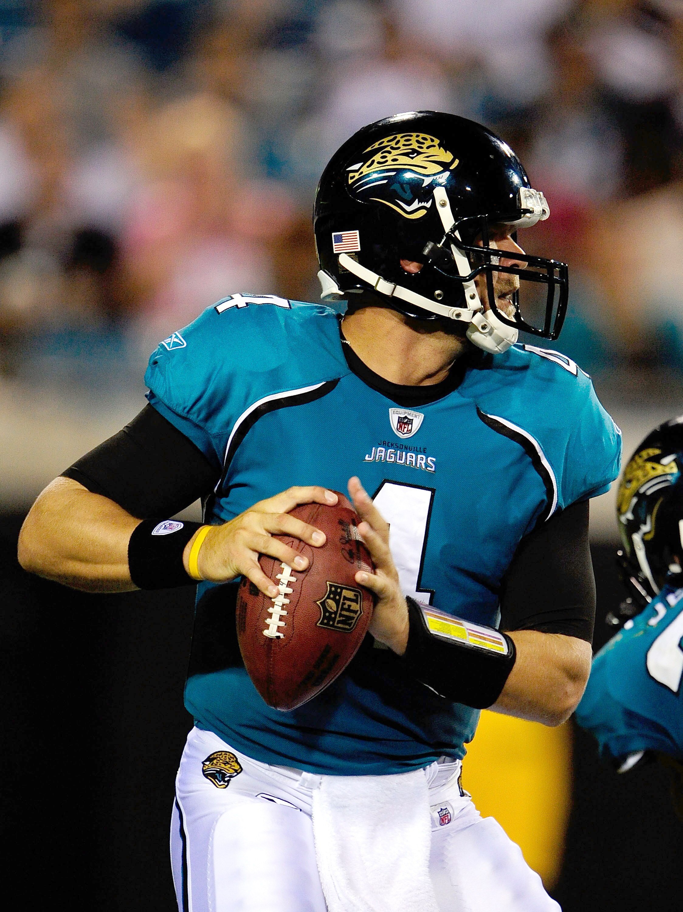 JACKSONVILLE, FL - SEPTEMBER 03:  Todd Bouman #4 of the Jacksonville Jaguars attempts a pass during the game at Jacksonville Municipal Stadium on September 3, 2009 in Jacksonville, Florida.  (Photo by Sam Greenwood/Getty Images)