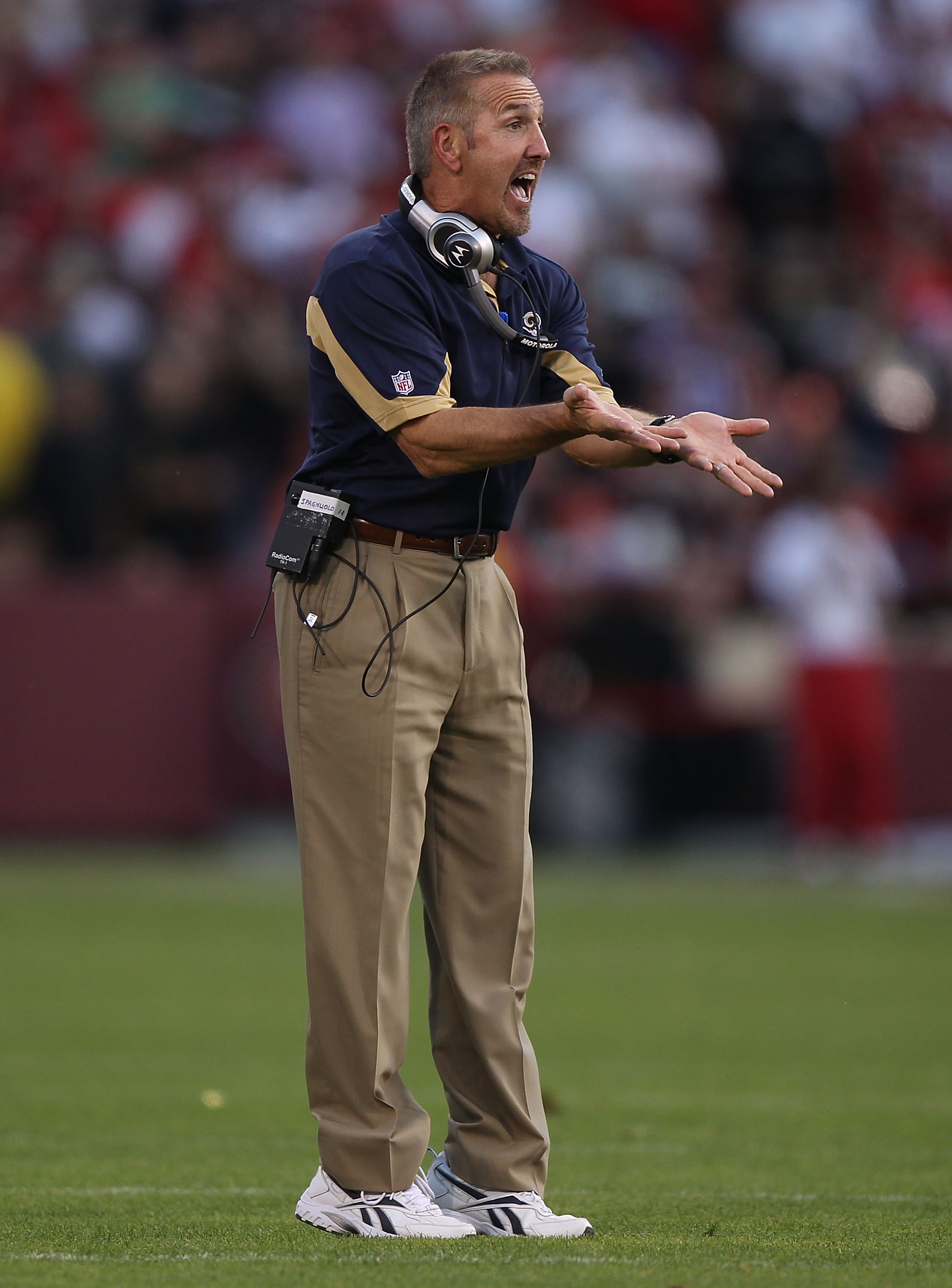 SAN FRANCISCO - NOVEMBER 14:  Head coach Steve Spagnuolo of the St. Louis Rams argues a pass interference call in overtime against the San Francisco 49ers during an NFL game at Candlestick Park on November 14, 2010 in San Francisco, California.  (Photo by