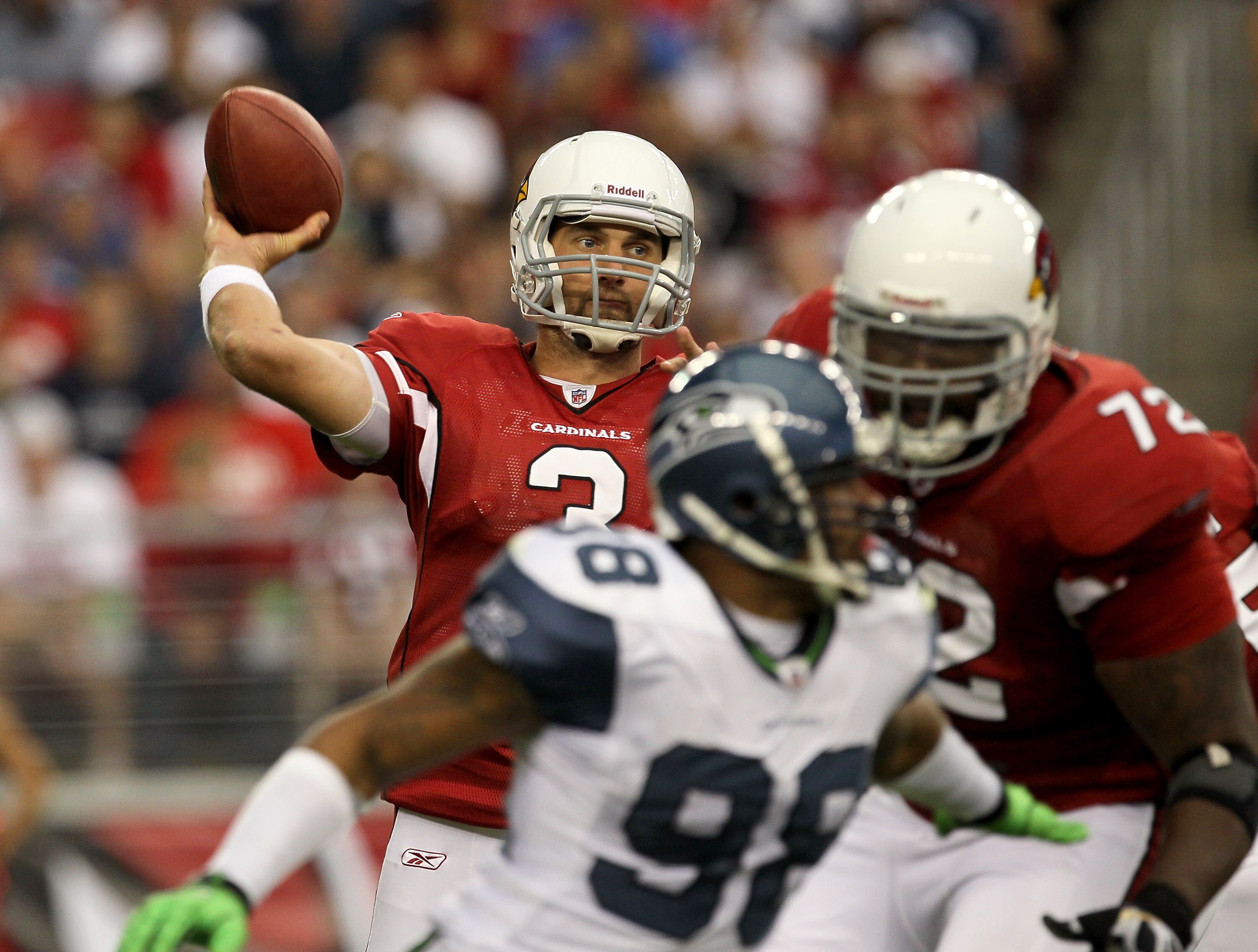 GLENDALE, AZ - NOVEMBER 14:  Quarterback Derek Anderson #3 of the Arizona Cardinals throws a pass against the Seattle Seahawks at University of Phoenix Stadium on November 14, 2010 in Glendale, Arizona. (Photo by Stephen Dunn/Getty Images)
