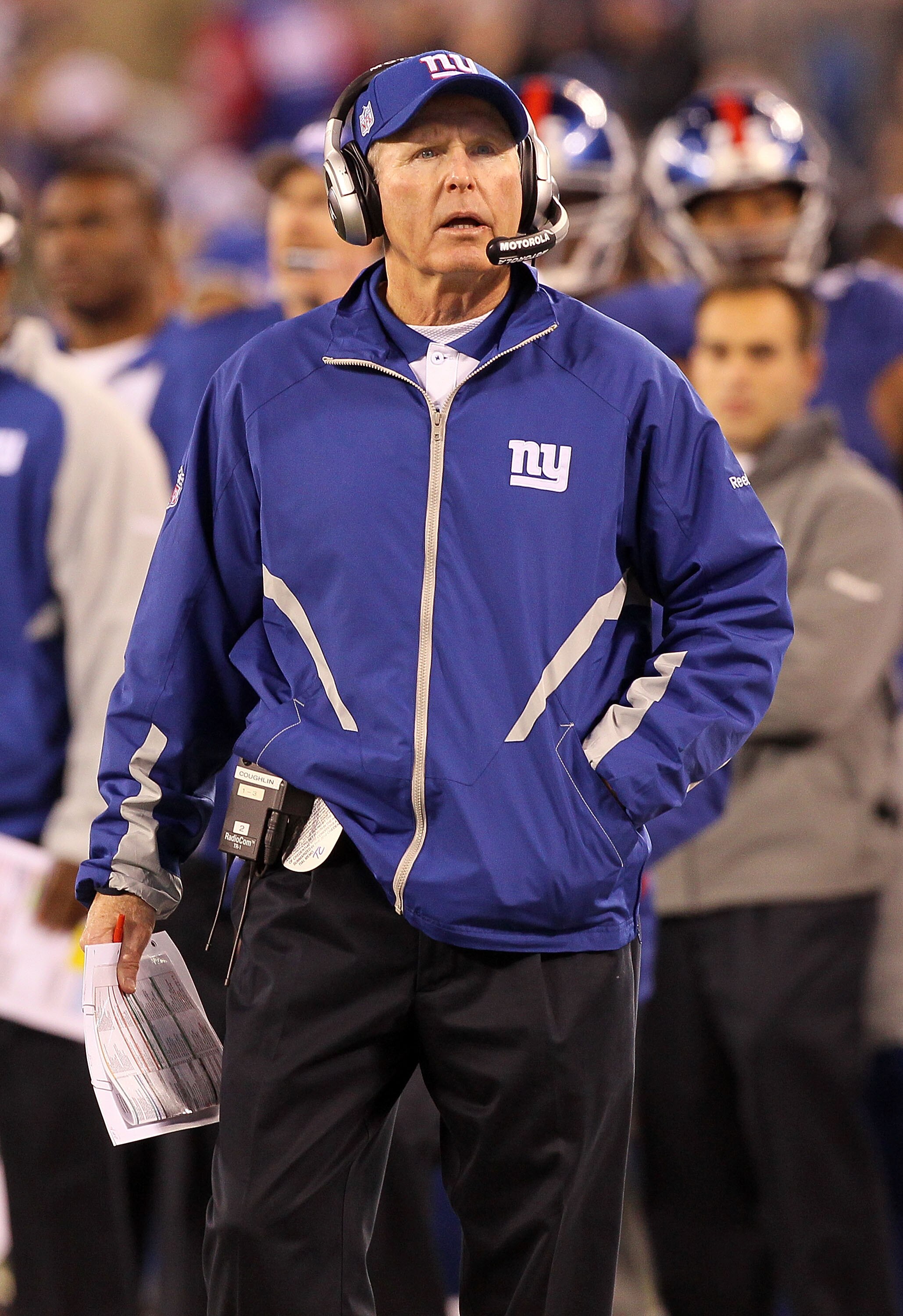 EAST RUTHERFORD, NJ - NOVEMBER 14:  Head coach Tom Coughlin of the New York Giants looks on against the Dallas Cowboys on November 14, 2010 at the New Meadowlands Stadium in East Rutherford, New Jersey. The Cowboys defeated the Giants 33-20.  (Photo by Ji