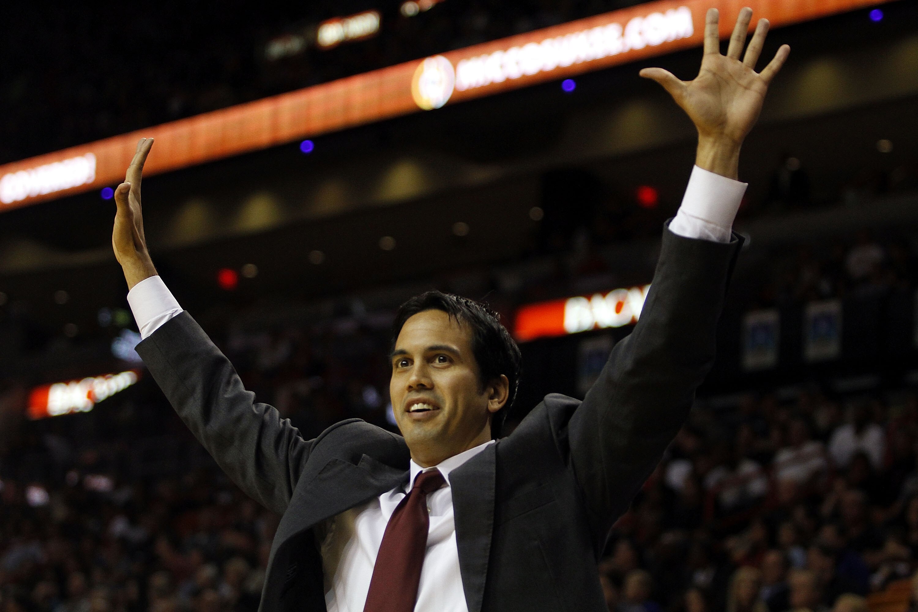 MIAMI - NOVEMBER 13:  Head coach Erik Spoelstra of the Miami Heat against the Toronto Raptors at American Airlines Arena on November 13, 2010 in Miami, Florida. NOTE TO USER: User expressly acknowledges and agrees that, by downloading and or using this ph