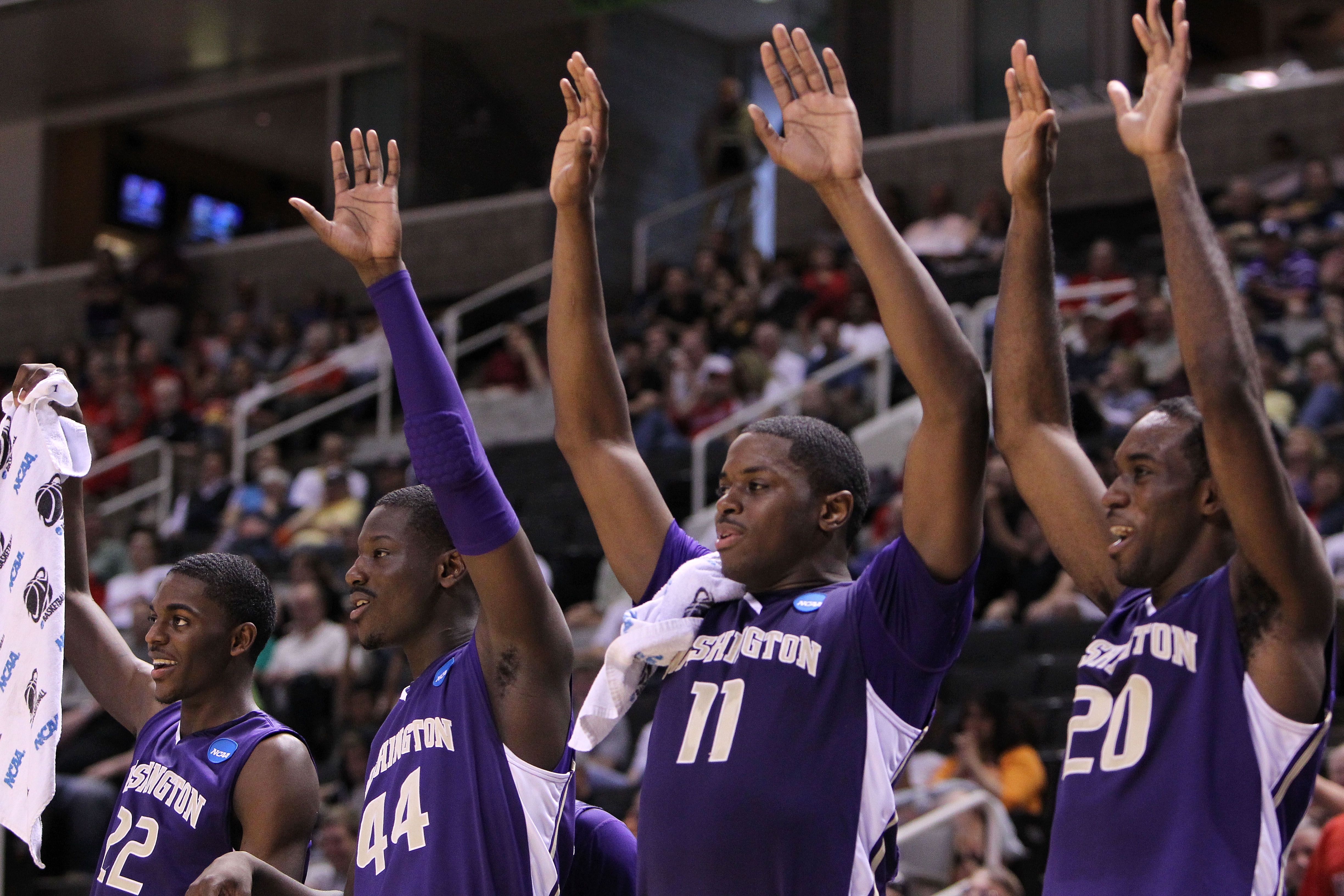 SAN JOSE, CA - MARCH 20:  The Washington Huskies bench reacts to a play against the New Mexico Lobos during the second round of the 2010 NCAA men's basketball tournament at HP Pavilion on March 20, 2010 in San Jose, California.  (Photo by Jed Jacobsohn/Ge