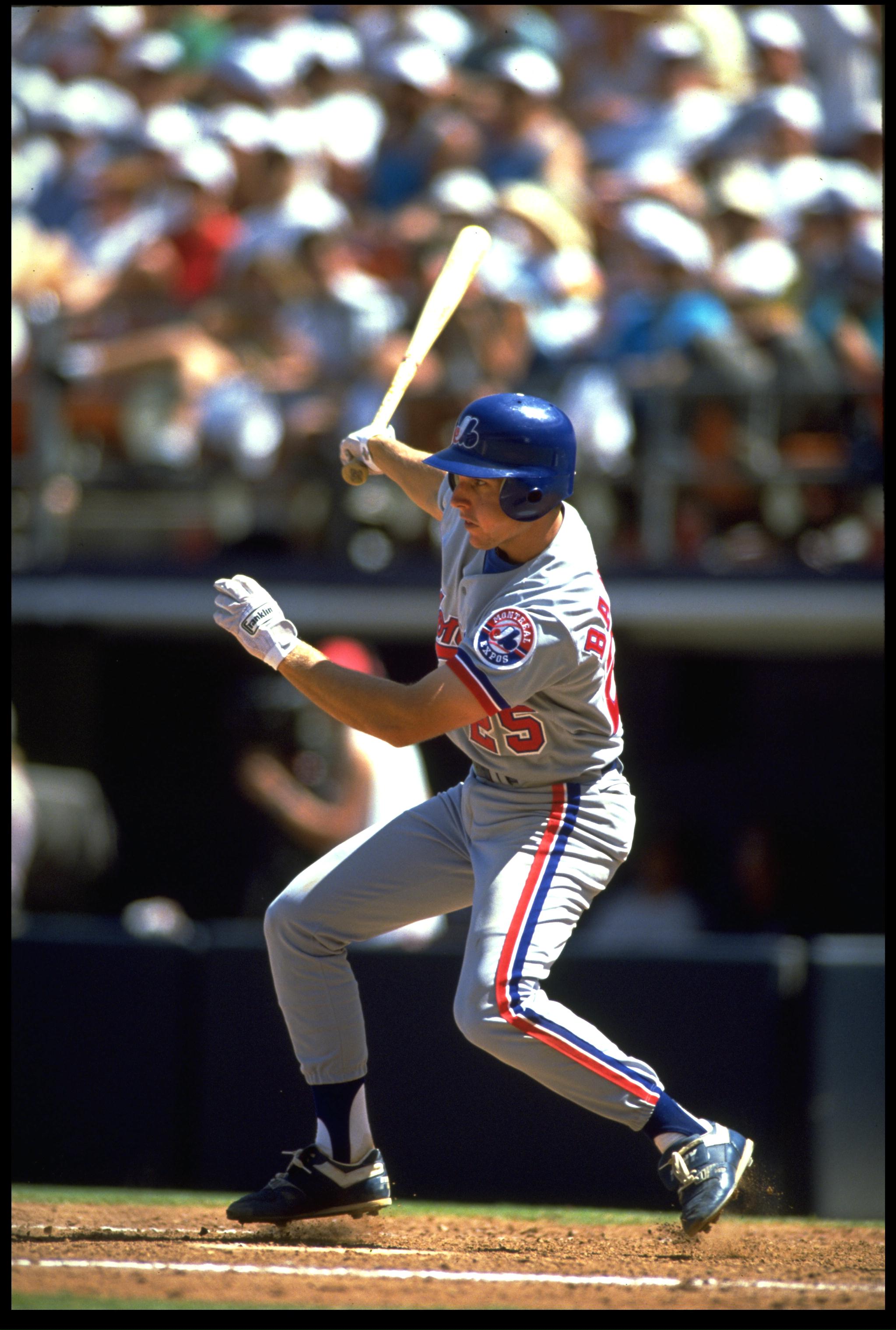 30 APR 1992:  MONTREAL EXPOS INFIELDER BRET BARBERIE MAKES CONTACT WITH A PITCH DURING THE EXPOS VERSUS SAN DIEGO PADRES GAME AT JACK MURPHY STADIUM IN SAN DIEGO, CALIFORNIA.  MANDATORY CREDIT:  STEPHEN DUNN/ALLSPORT