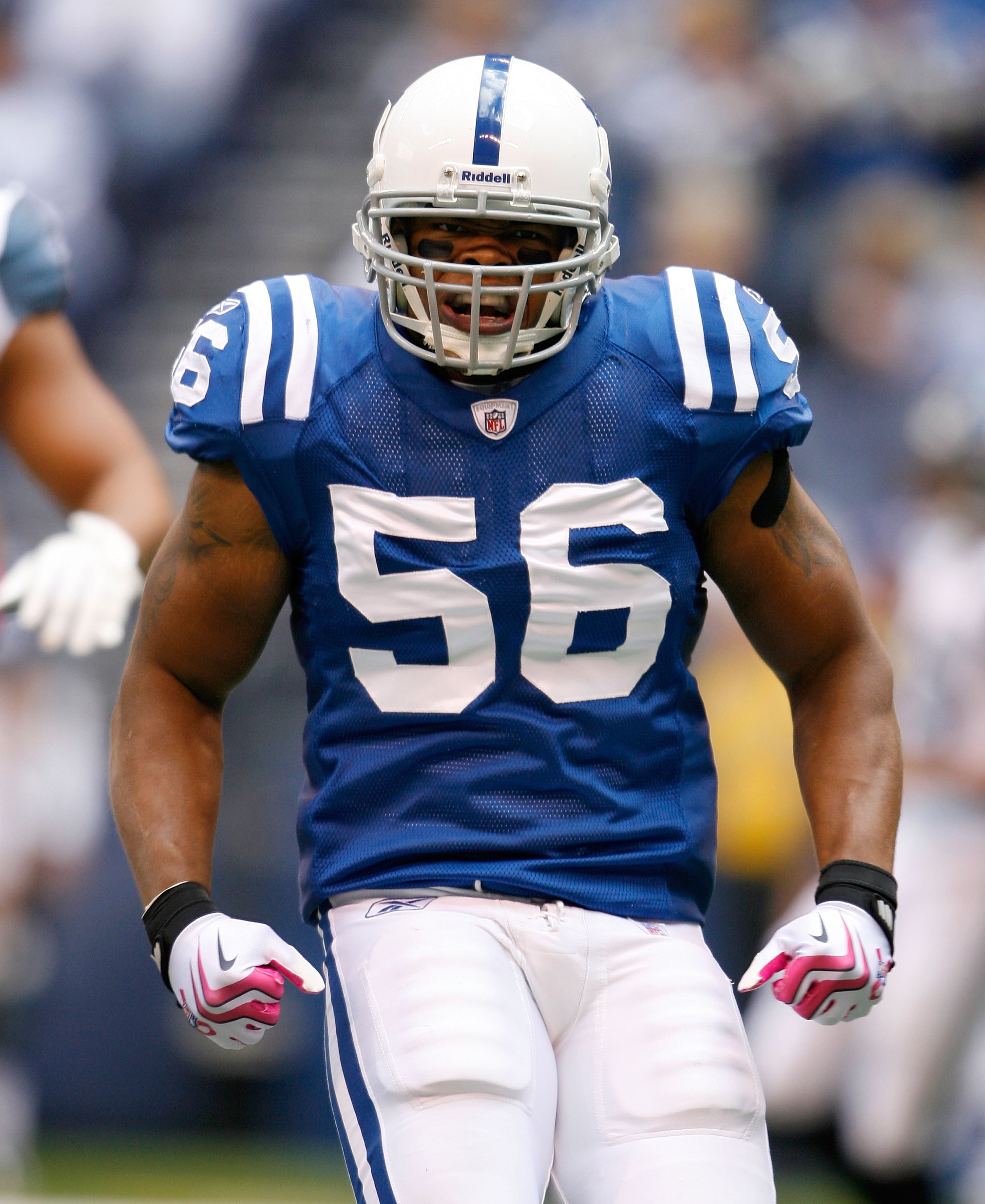 INDIANAPOLIS - OCTOBER 04:  Tyjuan Hagler #56 of the Indianapolis Colts celebrates a tackle during the NFL game against the Seattle Seahawks at Lucas Oil Stadium on October 4, 2009 in Indianapolis, Indiana.  (Photo by Andy Lyons/Getty Images)