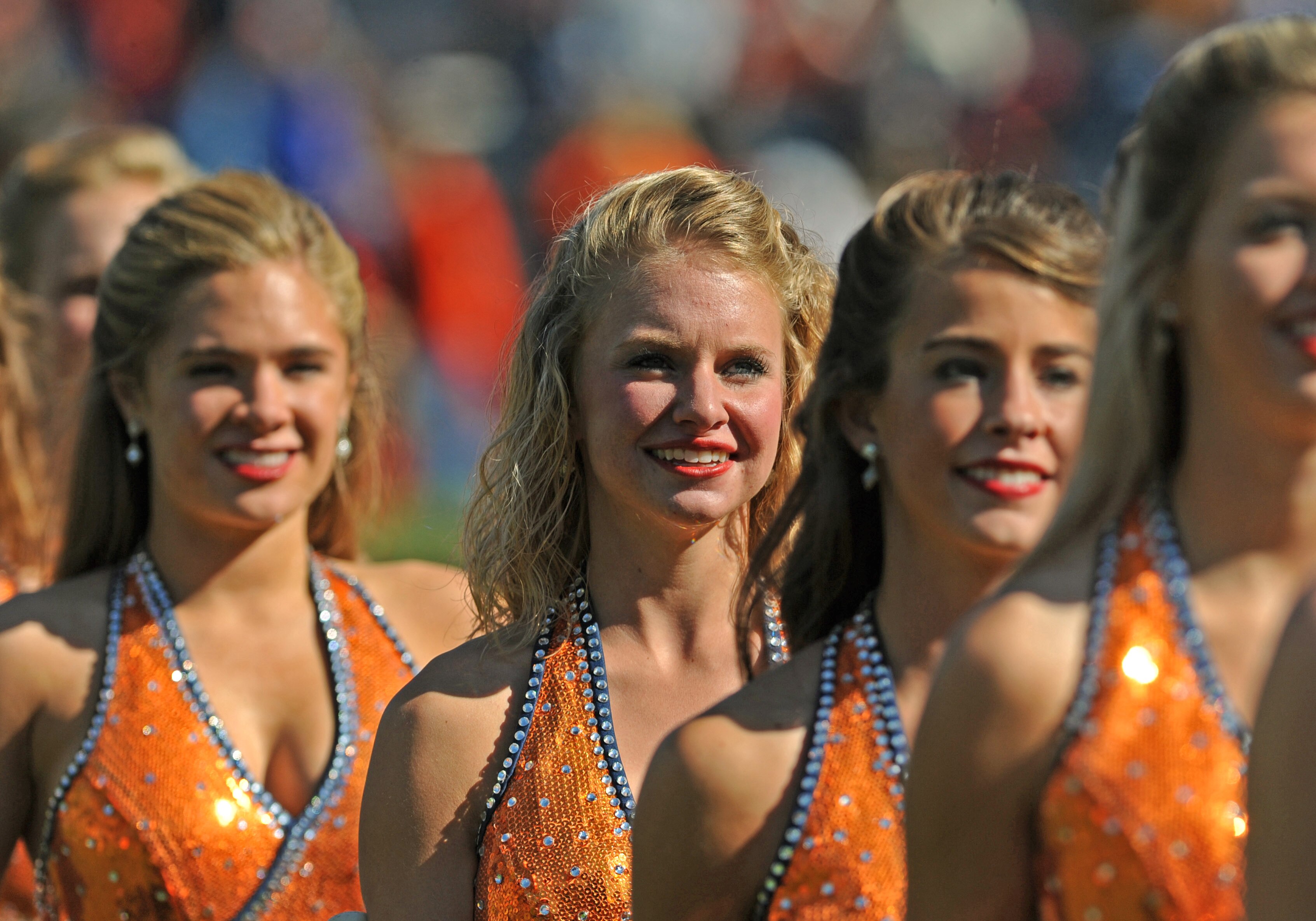 AUBURN, AL - NOVEMBER 06:  Cheerleaders of the Auburn Tigers line  the sidelines during play against the Chattanooga Mocs November 6, 2010 at Jordan-Hare Stadium in Auburn, Alabama.  (Photo by Al Messerschmidt/Getty Images)