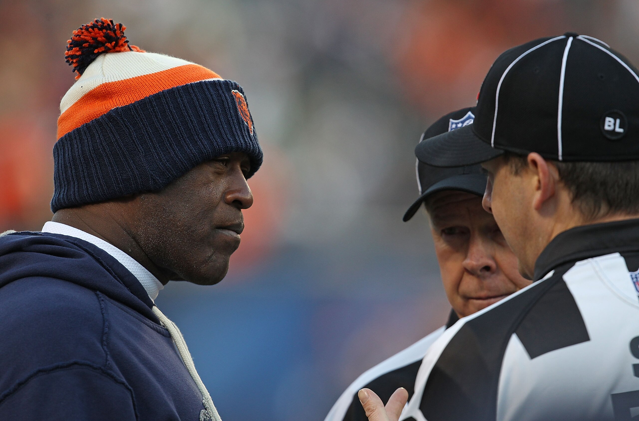 CHICAGO - NOVEMBER 14: Head coach Lovie Smith of the Chicago Bears talks with referees during a game against the Minnesota Vikings at Soldier Field on November 14, 2010 in Chicago, Illinois. The Bears defeated the Vikings 27-13. (Photo by Jonathan Daniel/