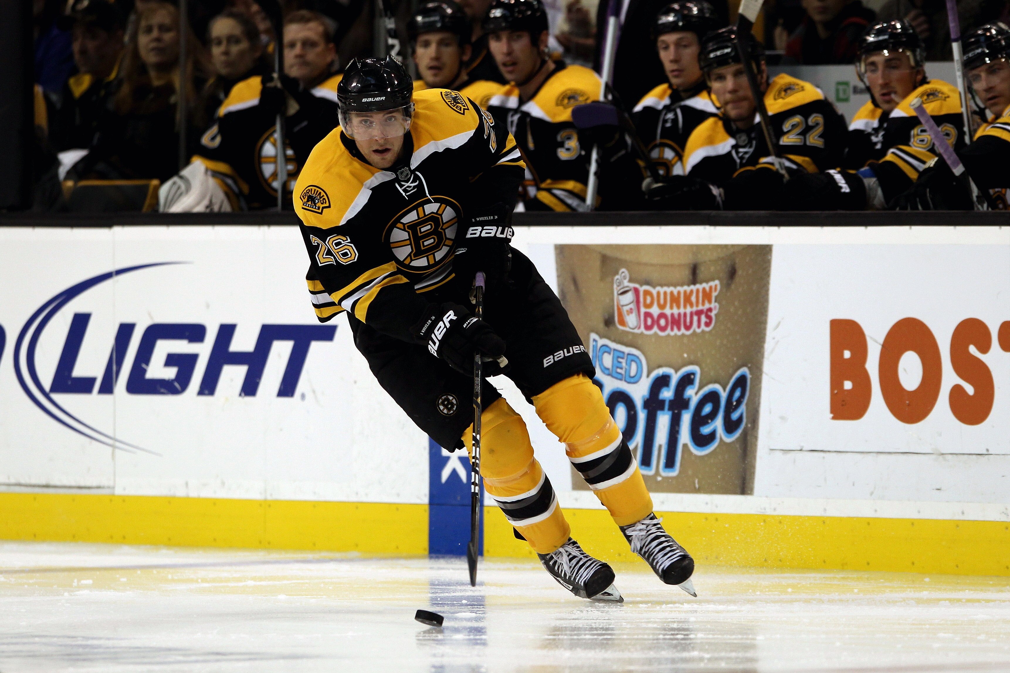 BOSTON - OCTOBER 23:  Blake Wheeler #26 of the Boston Bruins skates against the New York Rangers at the TD Garden on October 23, 2010 in Boston, Massachusetts.  The Rangers won 3-2.  (Photo by Bruce Bennett/Getty Images)